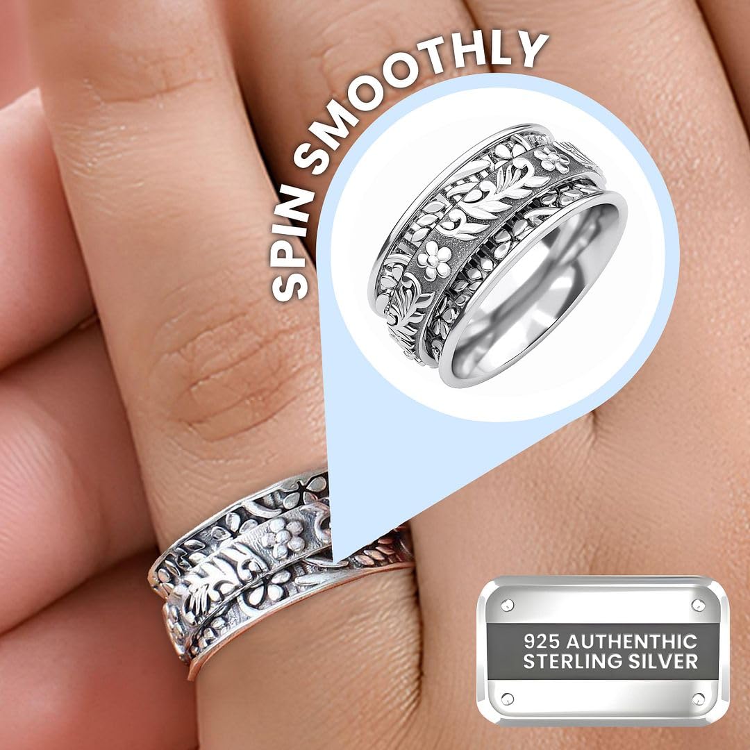 Fidget Ring Women - Anxiety Rings for Women in 925 Sterling Silver - Floral Fashion Cute Spinner Summer Boho Jewelry - Oxidized Thumb Band Worry Stress Relief - Gifts for Womens - Image 4