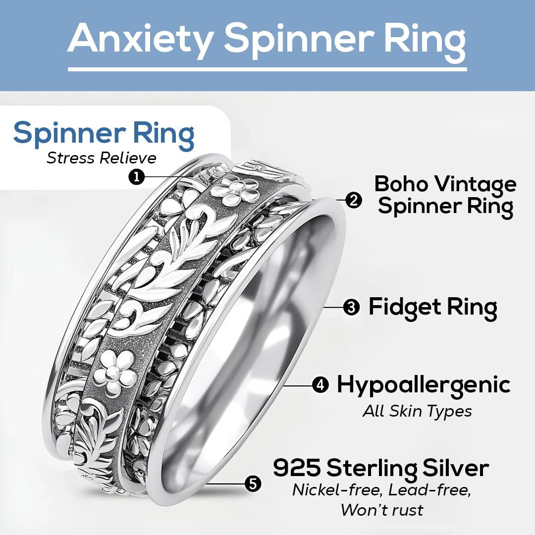 Fidget Ring Women - Anxiety Rings for Women in 925 Sterling Silver - Floral Fashion Cute Spinner Summer Boho Jewelry - Oxidized Thumb Band Worry Stress Relief - Gifts for Womens - Image 5