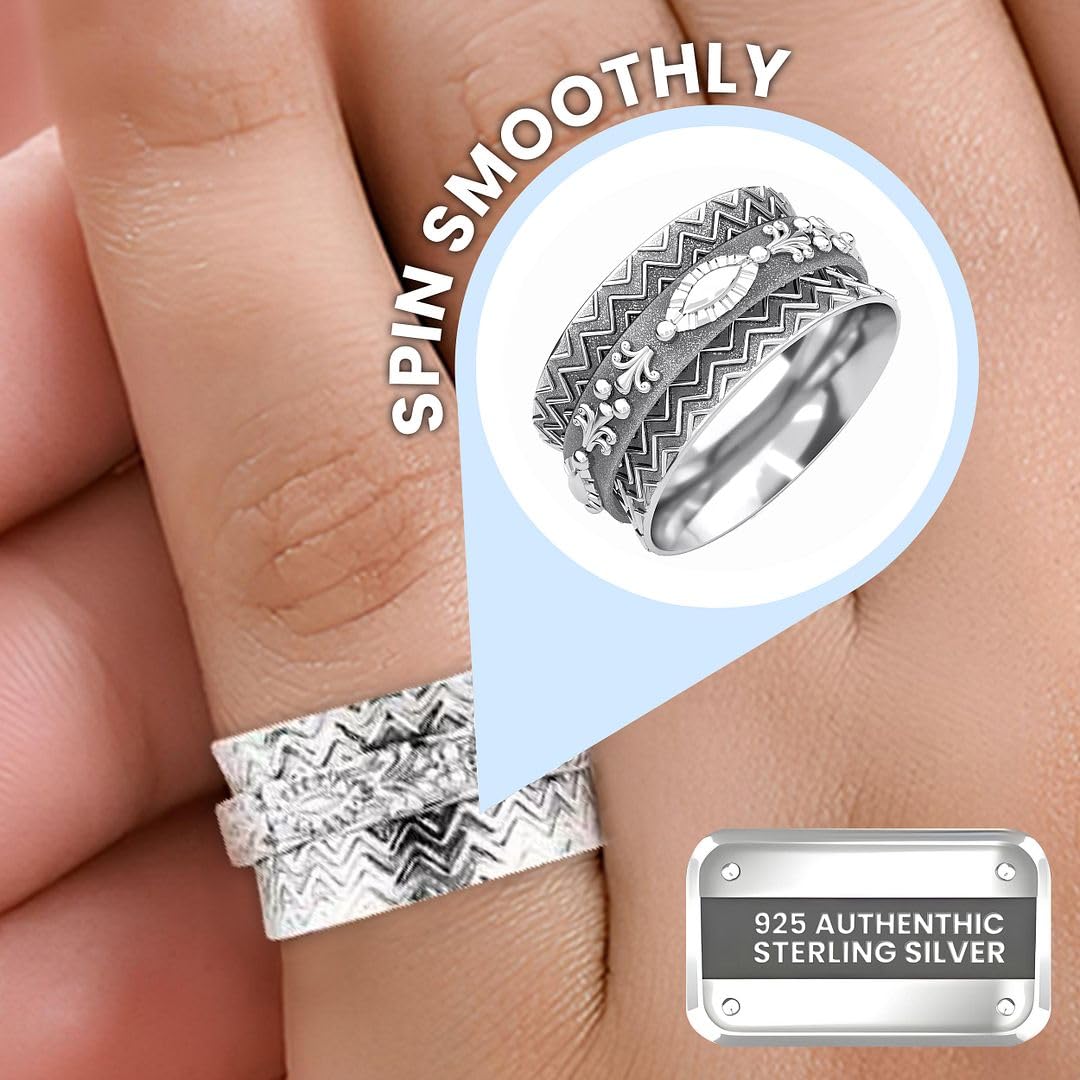 Fidget Ring Women - Anxiety Rings for Women in 925 Sterling Silver - Floral Fashion Cute Spinner Summer Boho Jewelry - Oxidized Thumb Band Worry Stress Relief - Gifts for Womens - Image 4