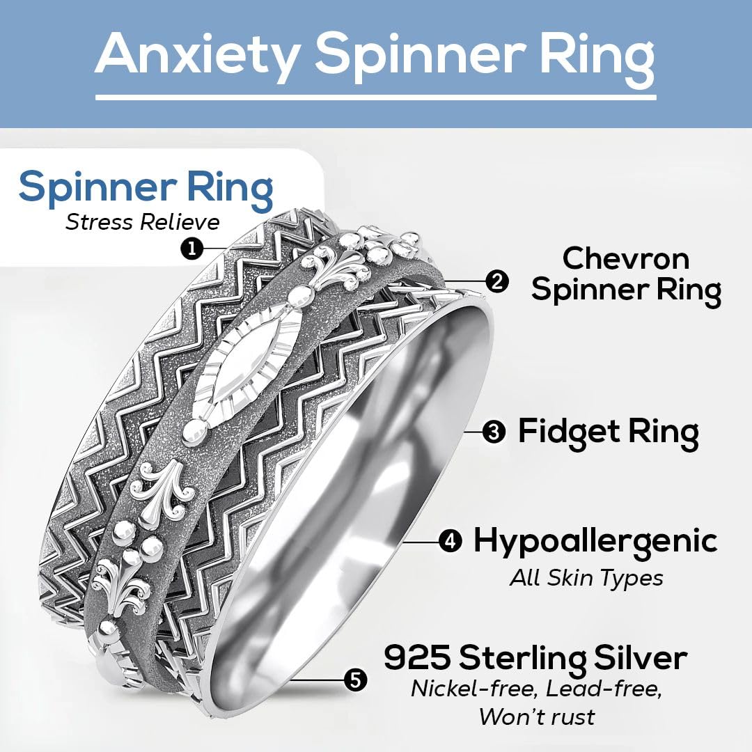 Fidget Ring Women - Anxiety Rings for Women in 925 Sterling Silver - Floral Fashion Cute Spinner Summer Boho Jewelry - Oxidized Thumb Band Worry Stress Relief - Gifts for Womens - Image 5