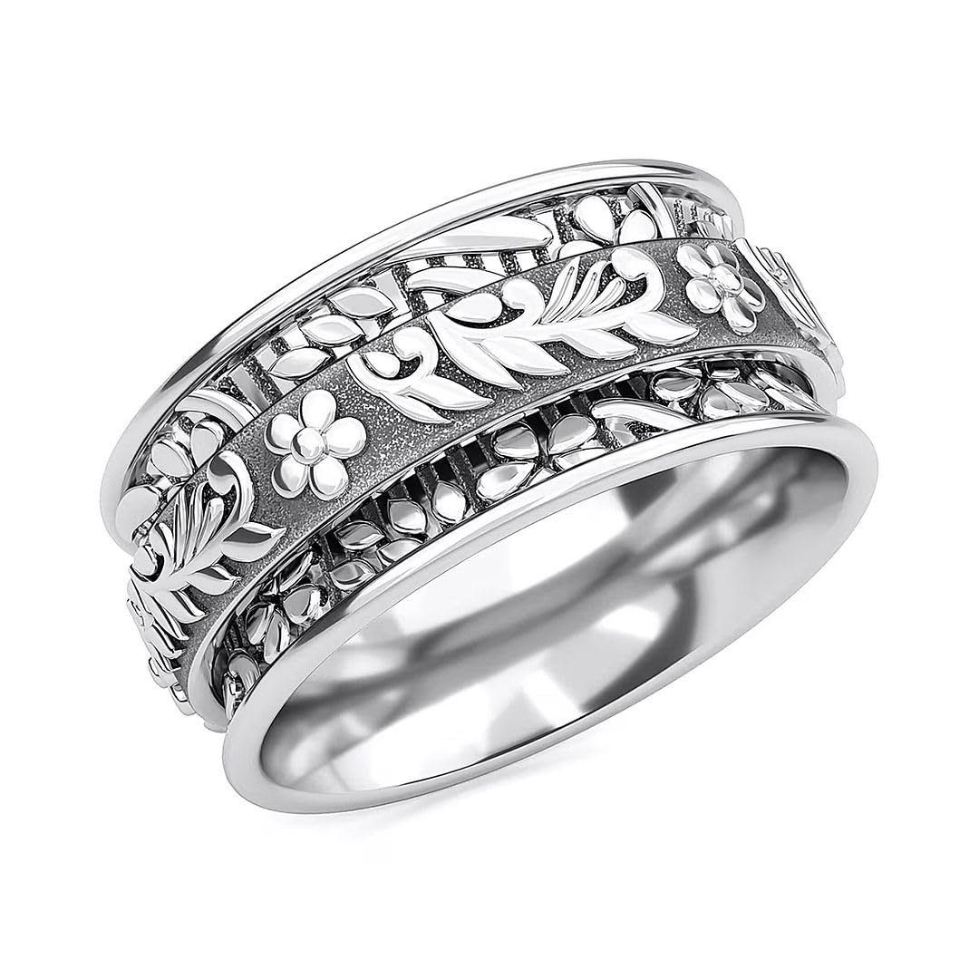Fidget Ring Women - Anxiety Rings for Women in 925 Sterling Silver - Floral Fashion Cute Spinner Summer Boho Jewelry - Oxidized Thumb Band Worry Stress Relief - Gifts for Womens