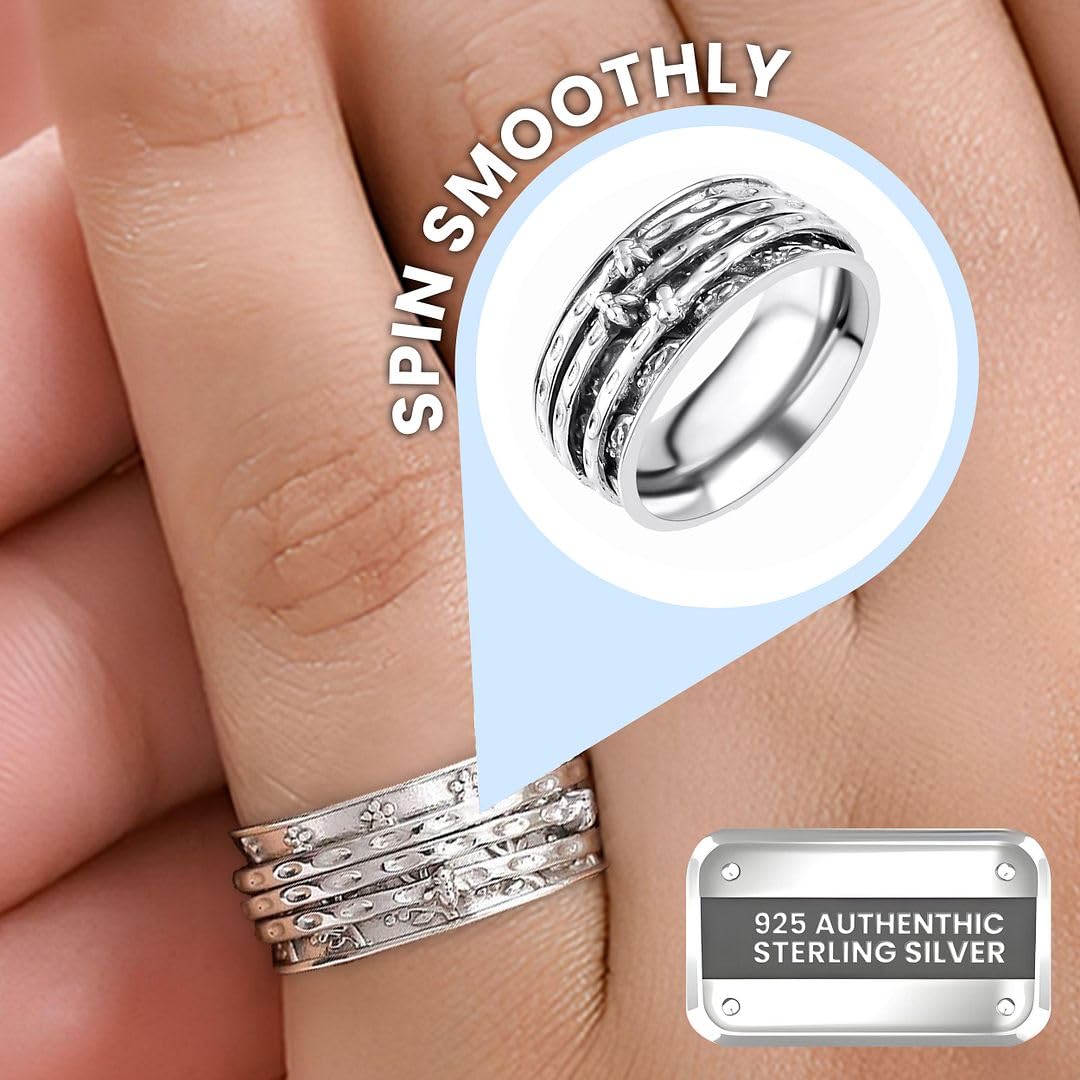 Fidget Ring Women - Anxiety Rings for Women in 925 Sterling Silver - Floral Fashion Cute Spinner Summer Boho Jewelry - Oxidized Thumb Band Worry Stress Relief - Gifts for Womens - Image 4