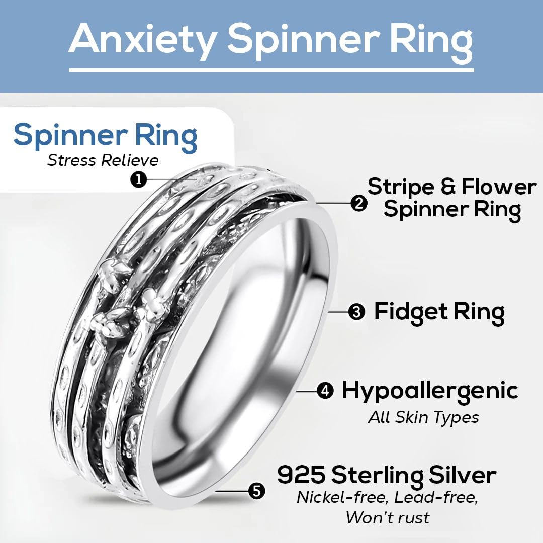 Fidget Ring Women - Anxiety Rings for Women in 925 Sterling Silver - Floral Fashion Cute Spinner Summer Boho Jewelry - Oxidized Thumb Band Worry Stress Relief - Gifts for Womens - Image 5