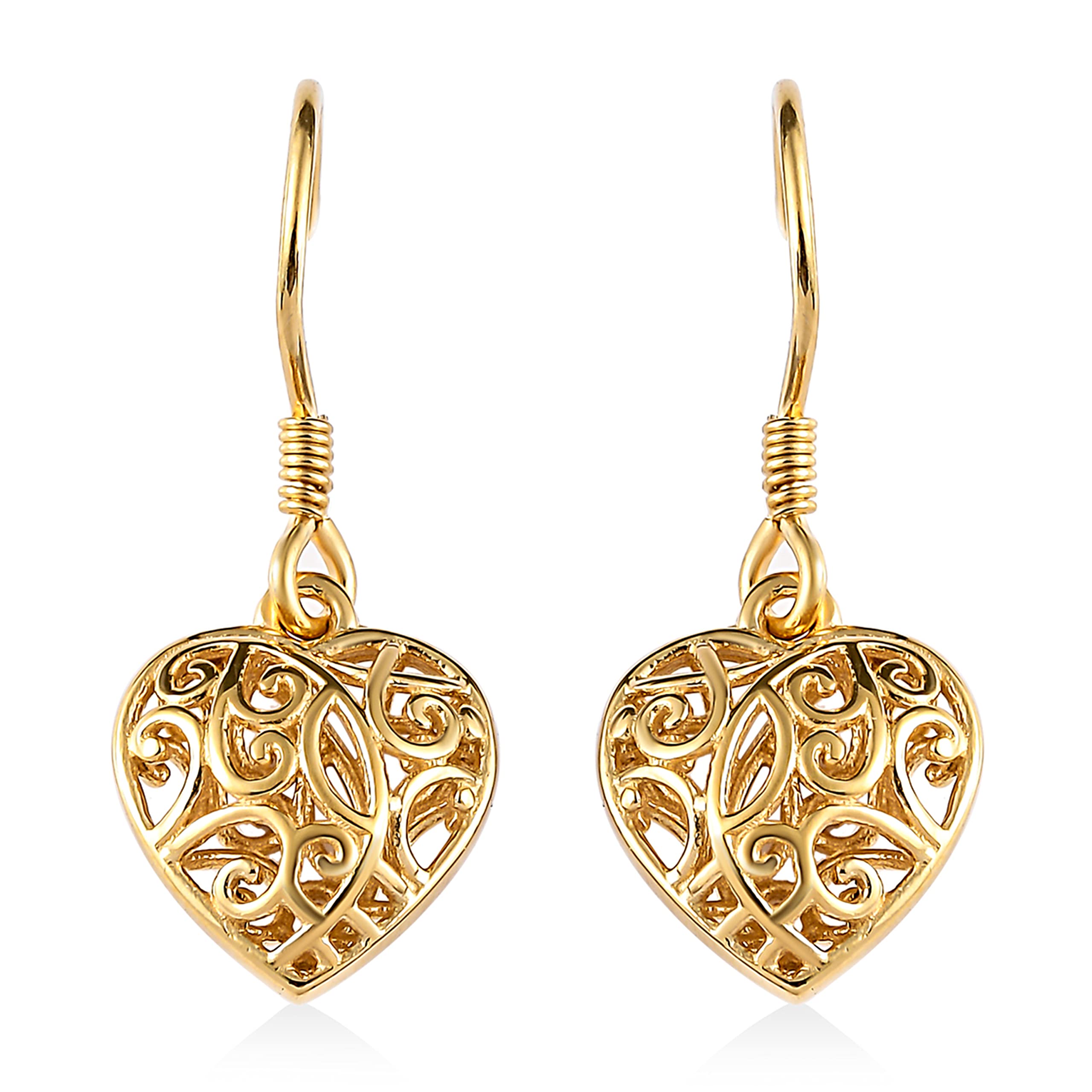 Filigree Heart Dangle Earrings - 14K Yellow Gold Plated 925 Sterling Silver Open Heart Drop Earrings - Openwork Dangling Earring Jewelry Birthday Gifts for Women