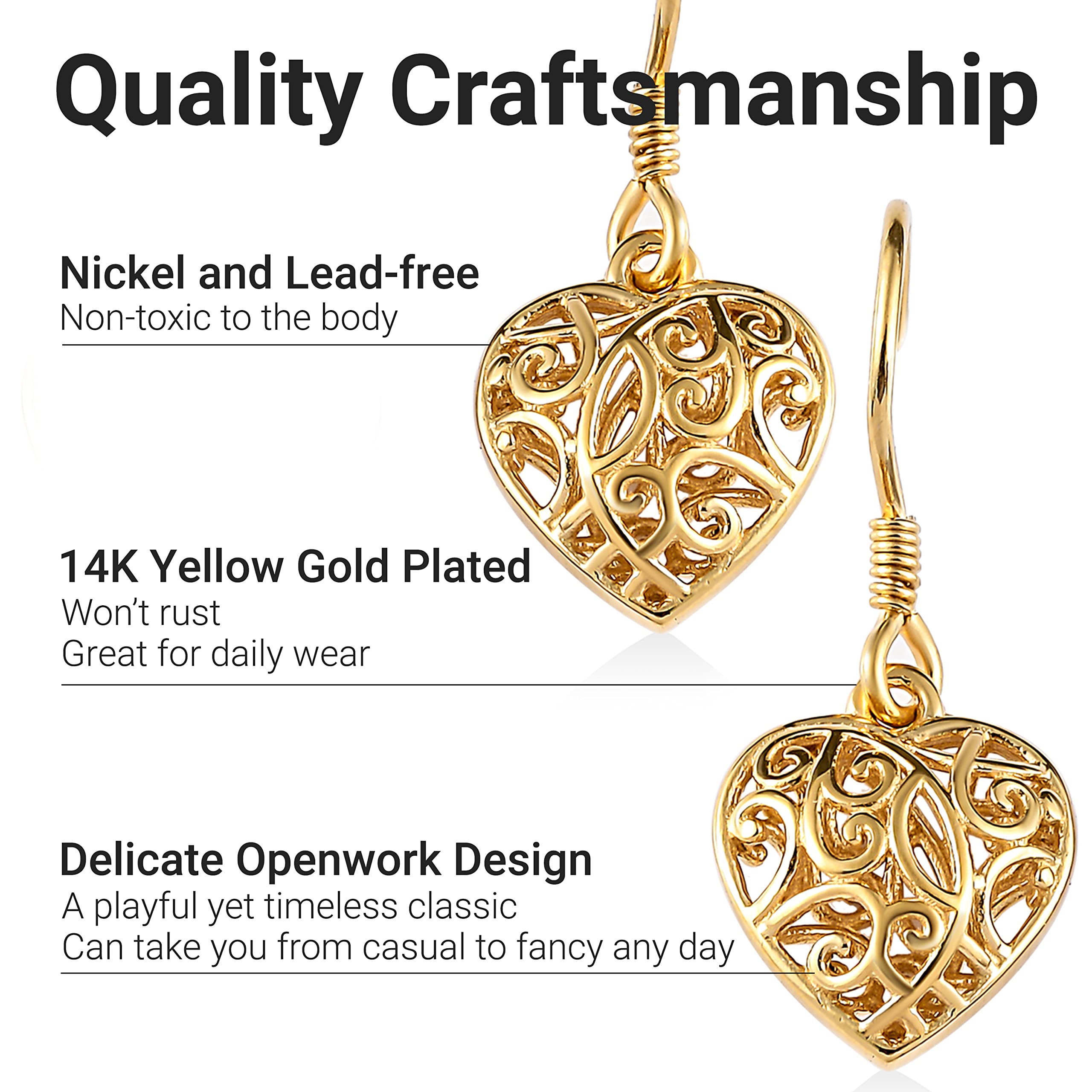 Filigree Heart Dangle Earrings - 14K Yellow Gold Plated 925 Sterling Silver Open Heart Drop Earrings - Openwork Dangling Earring Jewelry Birthday Gifts for Women - Image 4