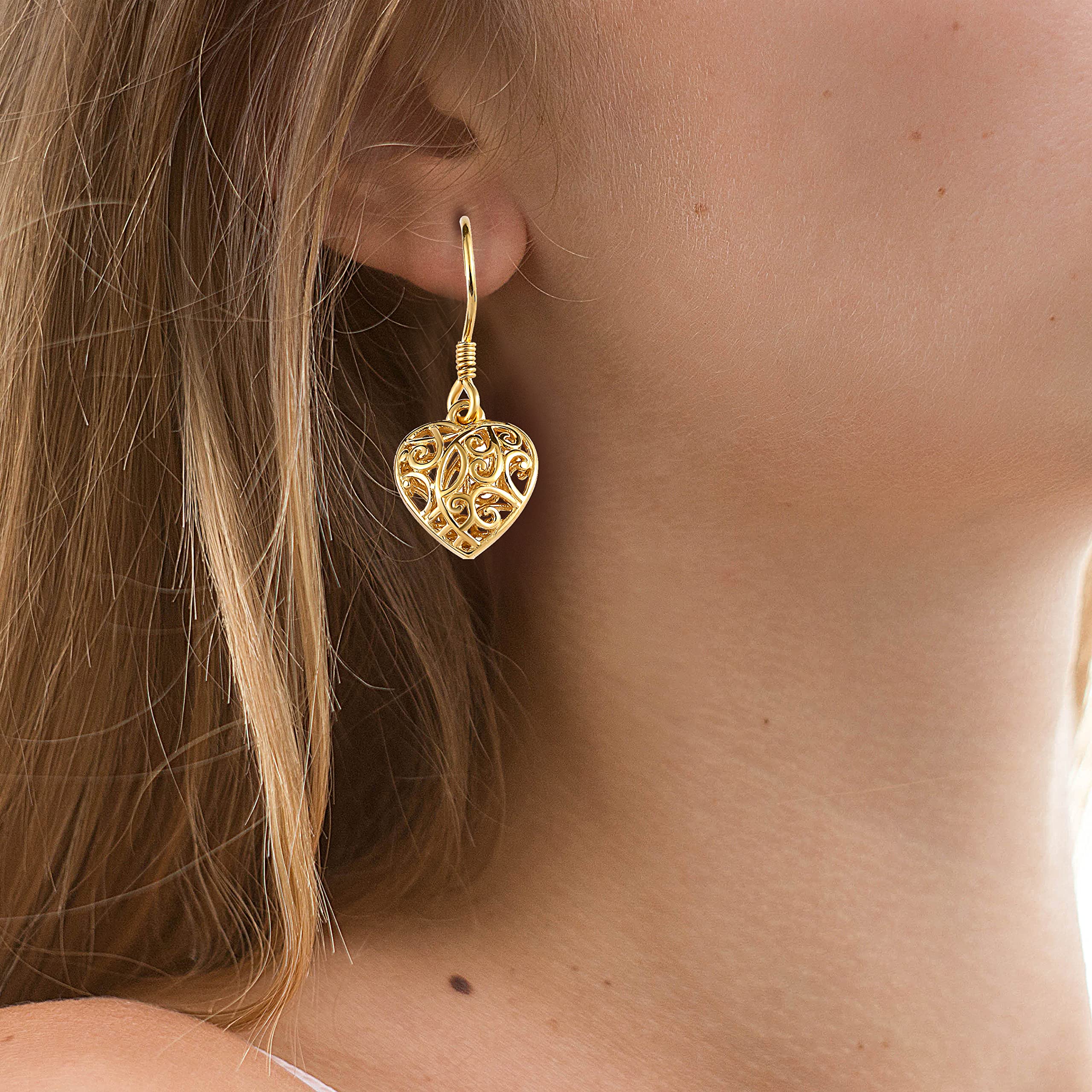 Filigree Heart Dangle Earrings - 14K Yellow Gold Plated 925 Sterling Silver Open Heart Drop Earrings - Openwork Dangling Earring Jewelry Birthday Gifts for Women - Image 5