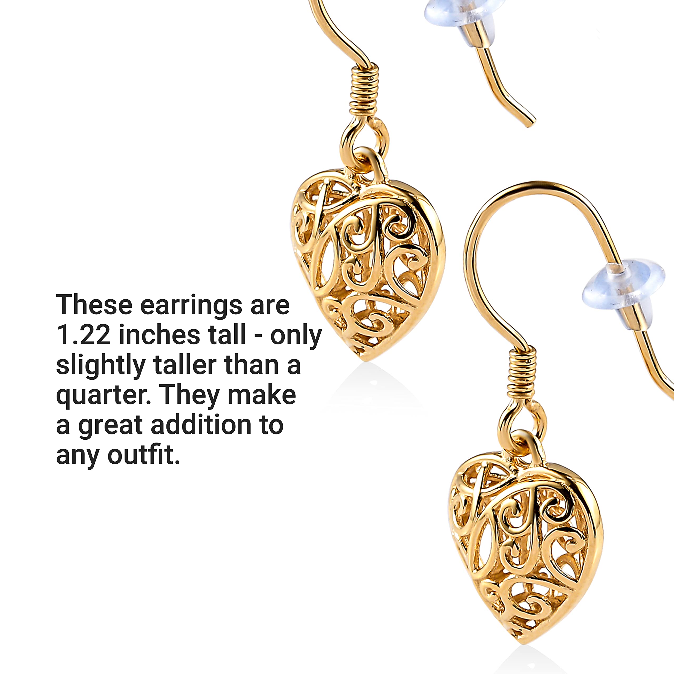 Filigree Heart Dangle Earrings - 14K Yellow Gold Plated 925 Sterling Silver Open Heart Drop Earrings - Openwork Dangling Earring Jewelry Birthday Gifts for Women - Image 6