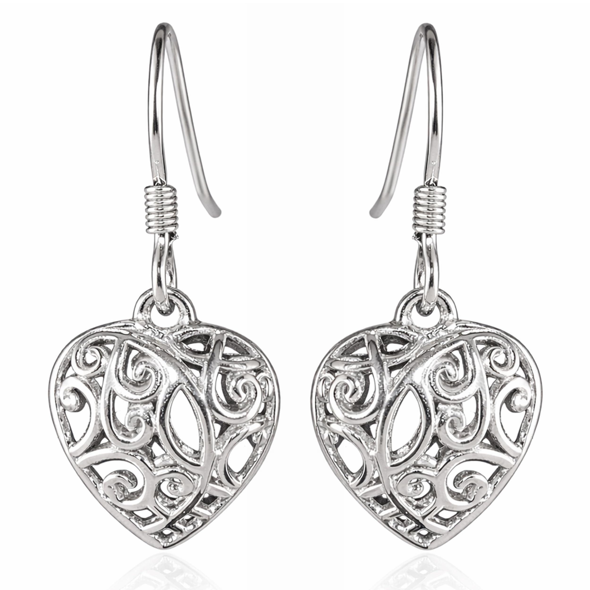 Filigree Heart Dangle Earrings - Platinum Plated 925 Sterling Silver Open Drop Earrings - Openwork Heart Dangling Earring Jewelry Birthday Christmas Gifts for Women