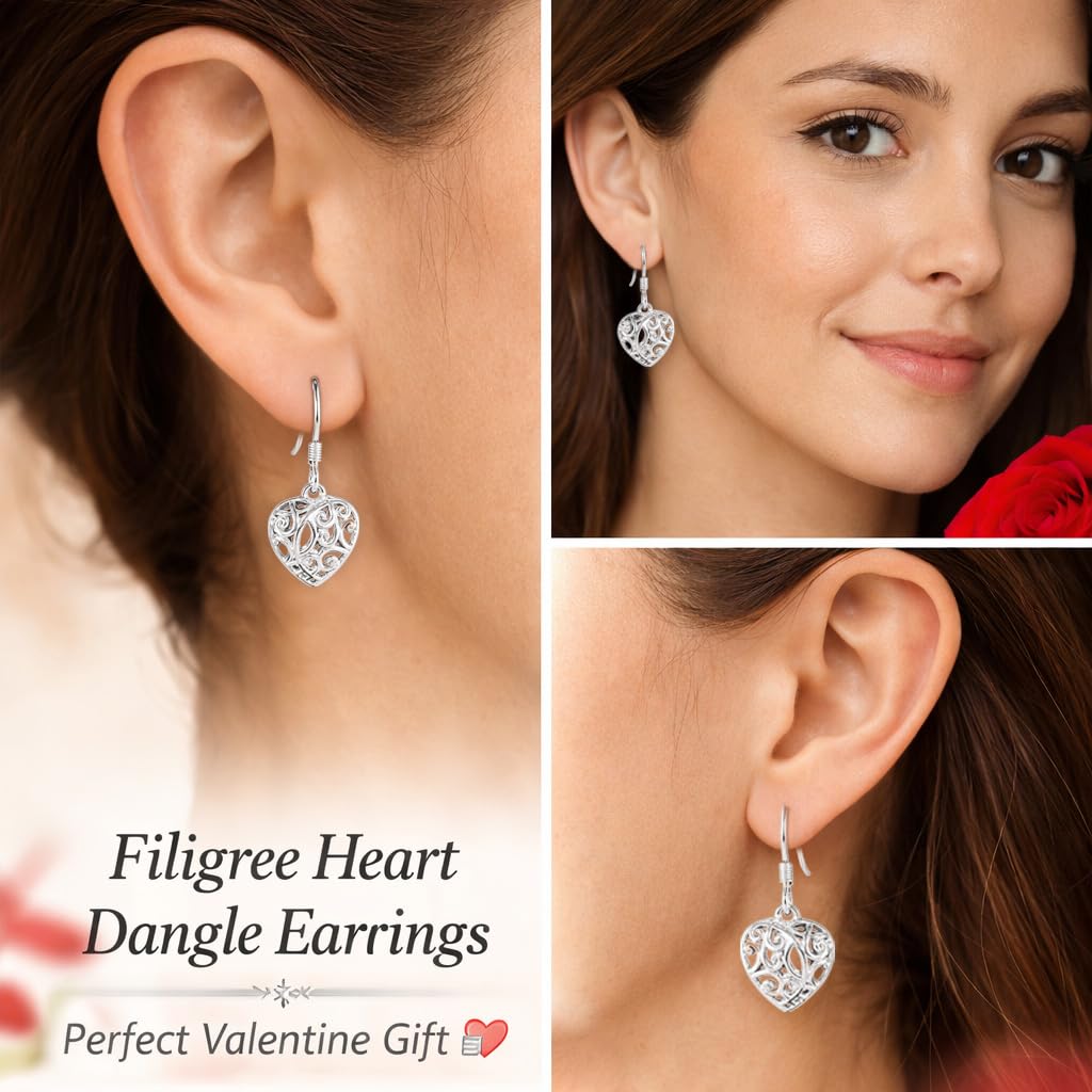Filigree Heart Dangle Earrings - Platinum Plated 925 Sterling Silver Open Drop Earrings - Openwork Heart Dangling Earring Jewelry Birthday Christmas Gifts for Women - Image 2
