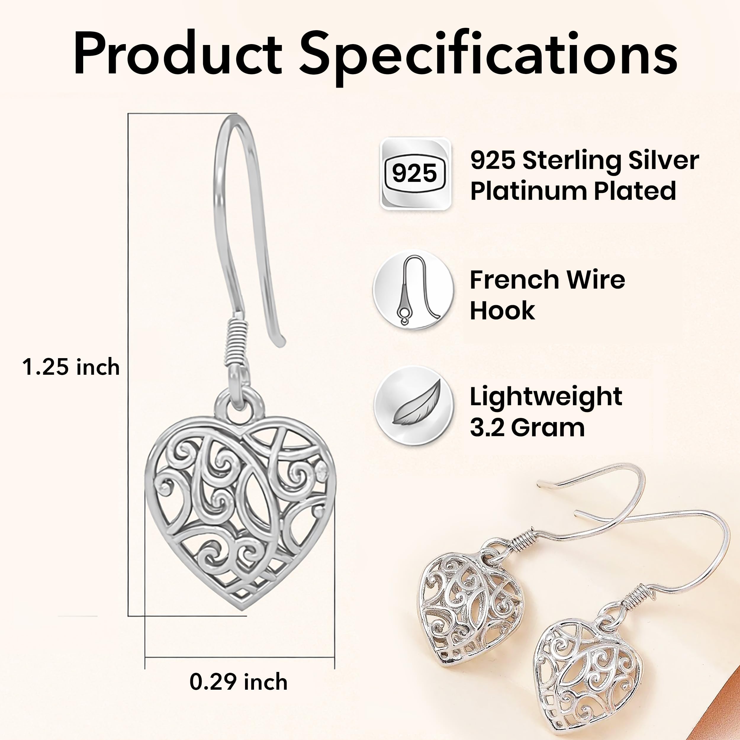 Filigree Heart Dangle Earrings - Platinum Plated 925 Sterling Silver Open Drop Earrings - Openwork Heart Dangling Earring Jewelry Birthday Christmas Gifts for Women - Image 3