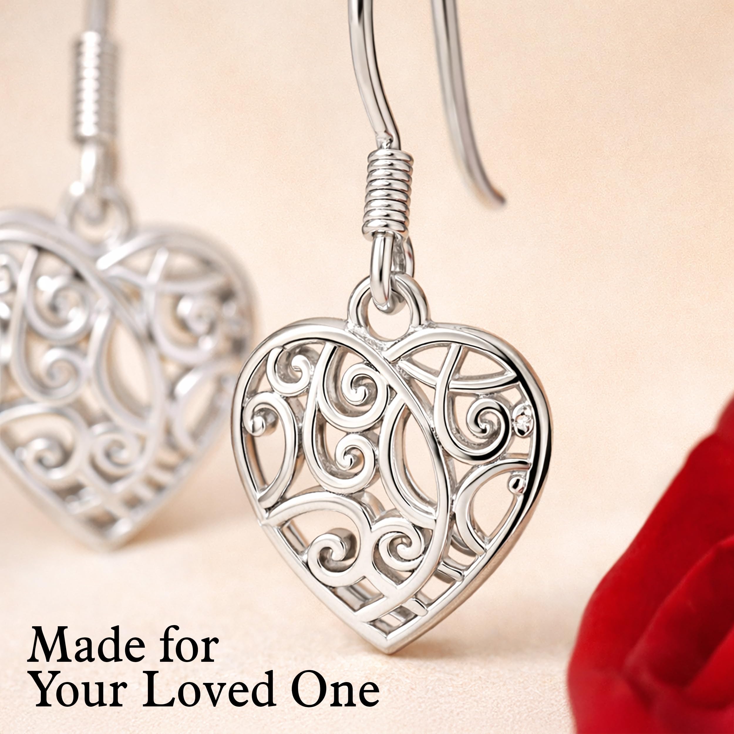 Filigree Heart Dangle Earrings - Platinum Plated 925 Sterling Silver Open Drop Earrings - Openwork Heart Dangling Earring Jewelry Birthday Christmas Gifts for Women - Image 4