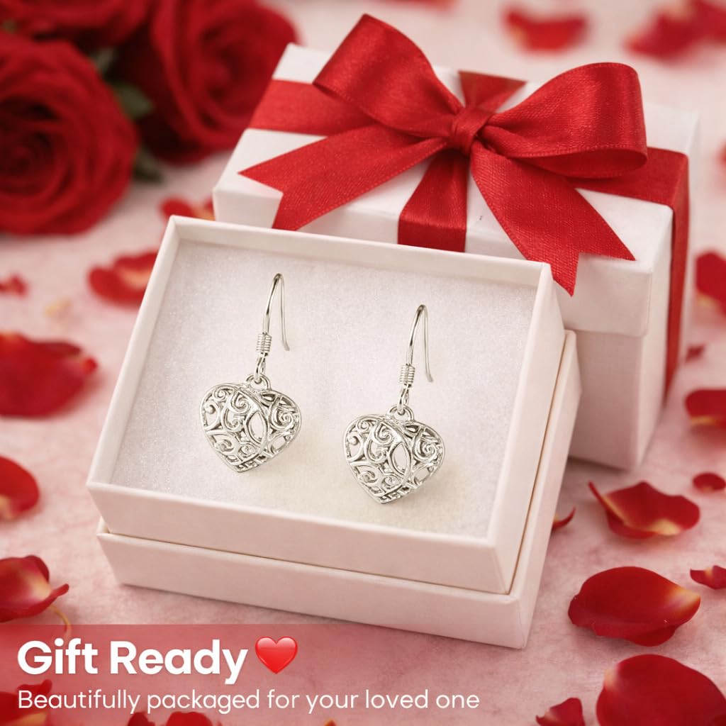 Filigree Heart Dangle Earrings - Platinum Plated 925 Sterling Silver Open Drop Earrings - Openwork Heart Dangling Earring Jewelry Birthday Christmas Gifts for Women - Image 6