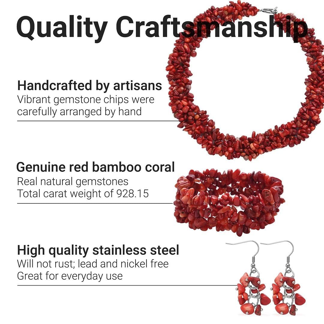 Gemstone Chips Necklace, Earrings & Bracelet Set - Cluster Stainless Steel Jewelry for Women - Boho Beach Healing Crystal Jewelry - Necklace Length 18" Stretchable Bracelet Christmas Gifts - Image 3