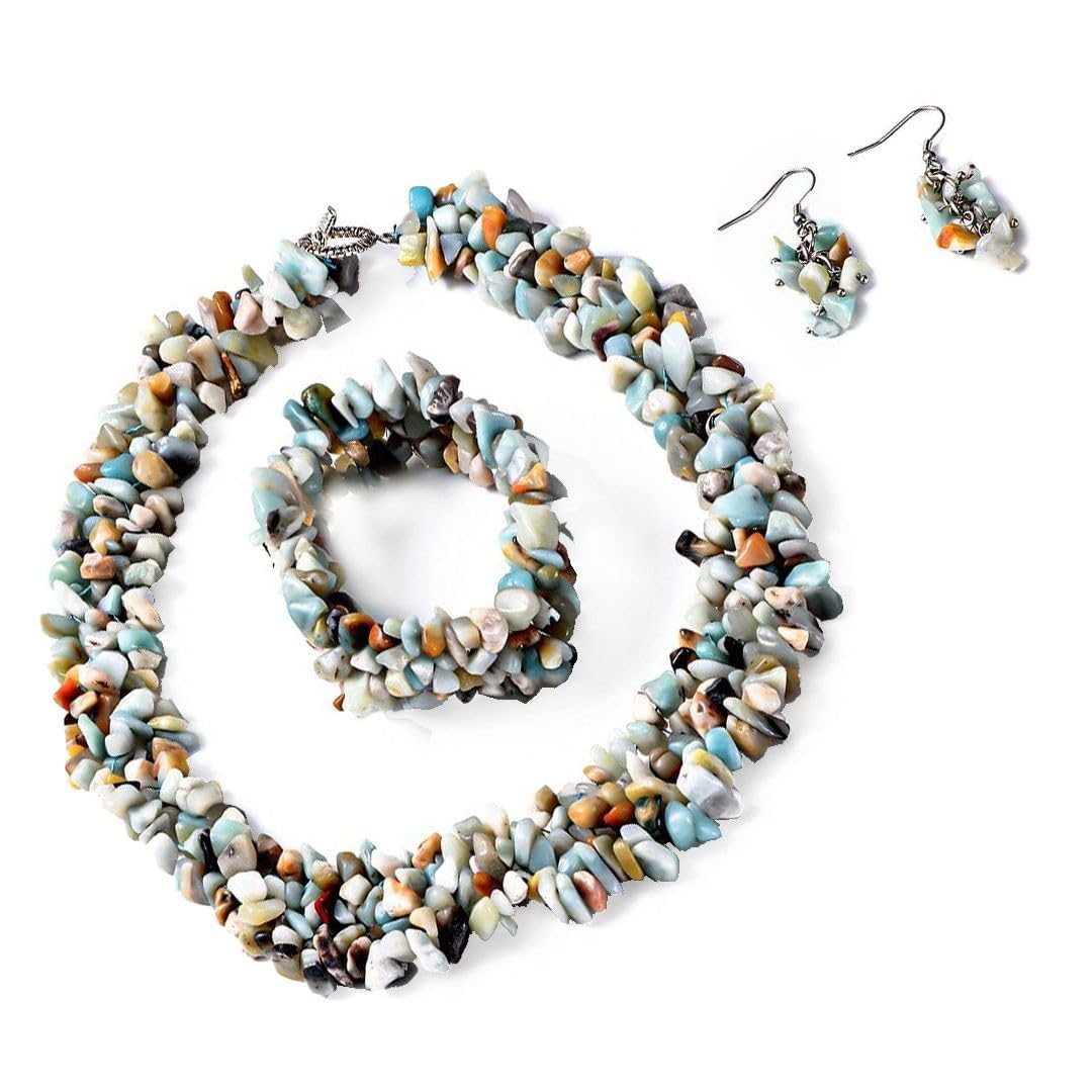 Gemstone Chips Necklace, Earrings & Bracelet Set - Cluster Stainless Steel Jewelry for Women - Boho Beach Healing Crystal Jewelry - Necklace Length 18" Stretchable Bracelet Christmas Gifts