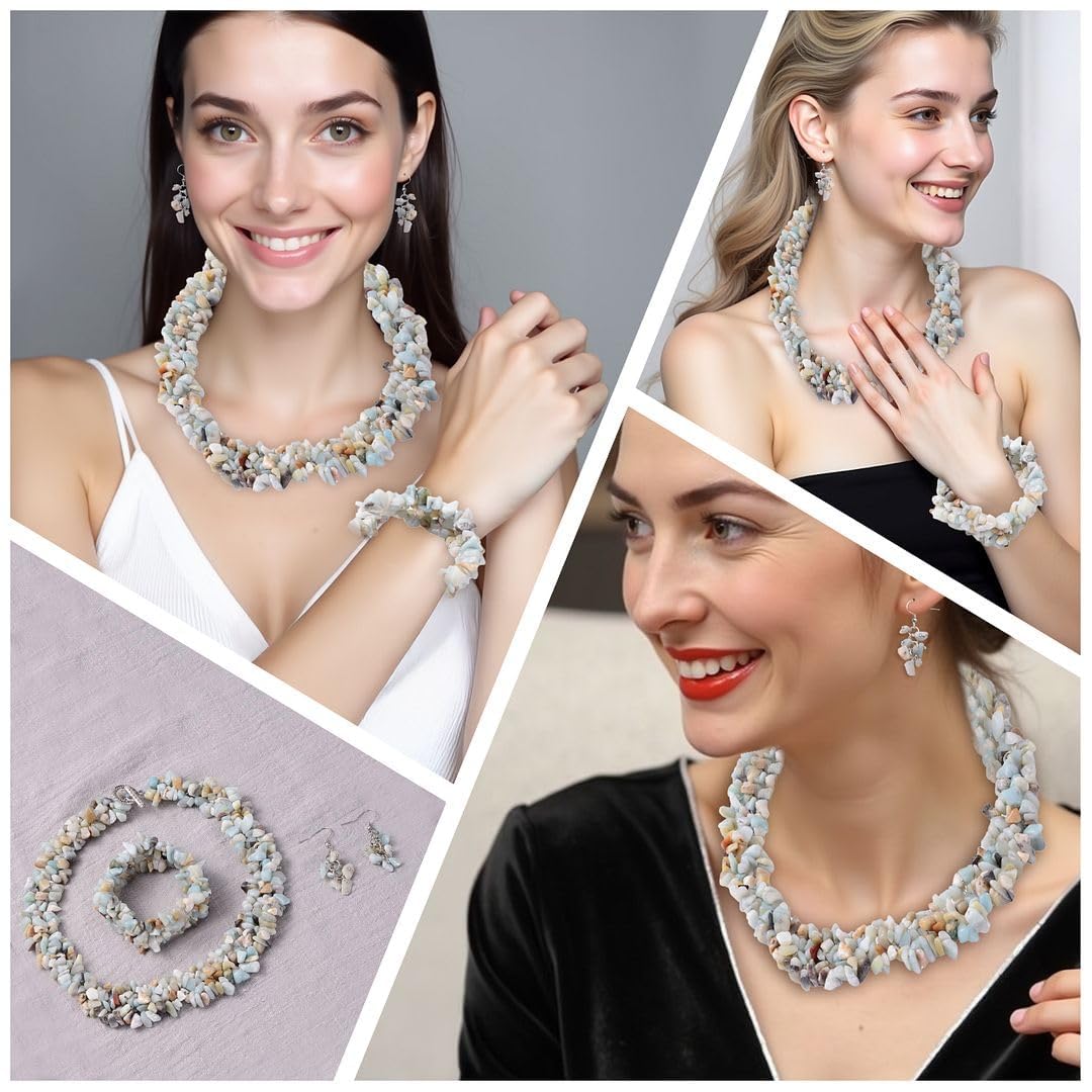 Gemstone Chips Necklace, Earrings & Bracelet Set - Cluster Stainless Steel Jewelry for Women - Boho Beach Healing Crystal Jewelry - Necklace Length 18" Stretchable Bracelet Christmas Gifts - Image 2