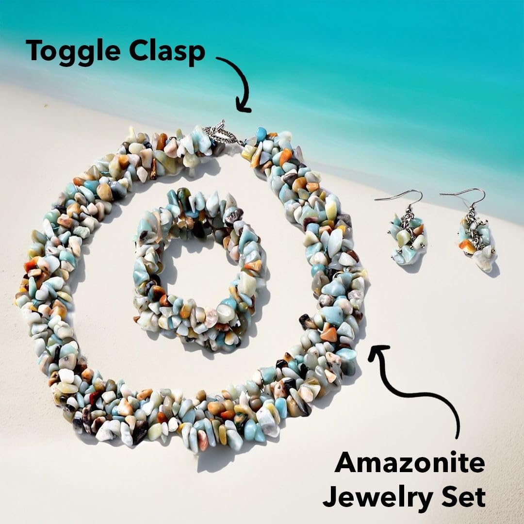 Gemstone Chips Necklace, Earrings & Bracelet Set - Cluster Stainless Steel Jewelry for Women - Boho Beach Healing Crystal Jewelry - Necklace Length 18" Stretchable Bracelet Christmas Gifts - Image 3