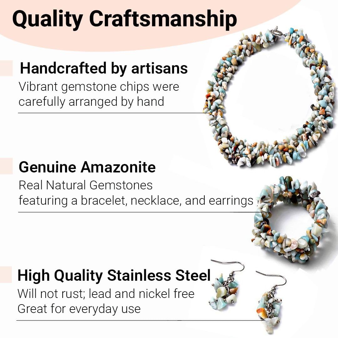 Gemstone Chips Necklace, Earrings & Bracelet Set - Cluster Stainless Steel Jewelry for Women - Boho Beach Healing Crystal Jewelry - Necklace Length 18" Stretchable Bracelet Christmas Gifts - Image 4