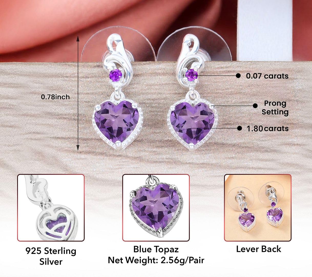 Gemstones Heart 925 Sterling Silver Drop Dangle Earrings for Women Statement Gifts for Women - Image 3