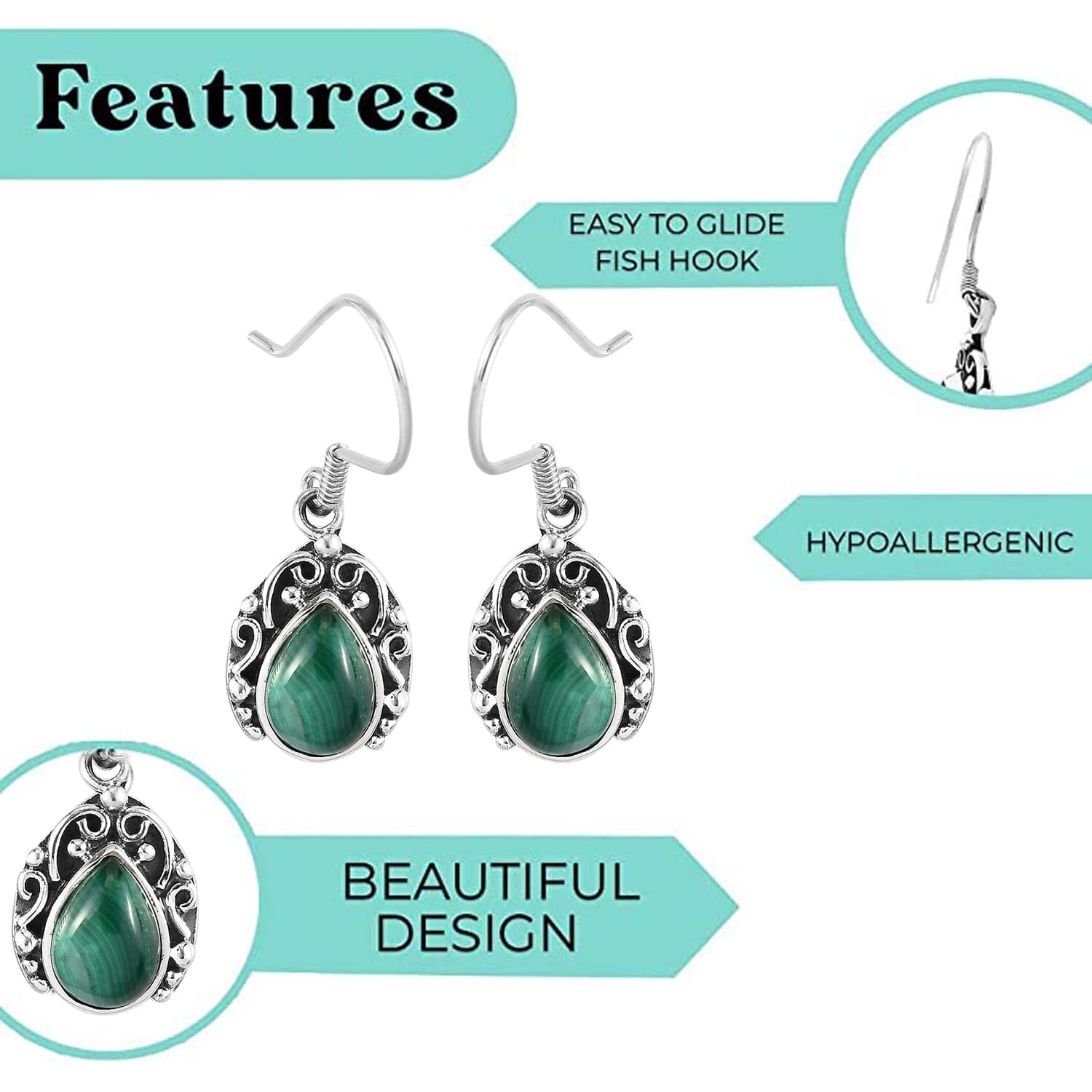 Green Malachite Earrings for Women 925 Sterling Silver Handmade Drop Dangle Earrings for Women Malachite Jewelry Birthday Christmas Gifts for Women - Image 4