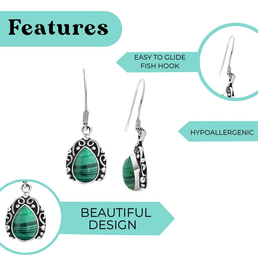 Green Malachite Earrings for Women 925 Sterling Silver Handmade Drop Dangle Earrings for Women Malachite Jewelry Birthday Christmas Gifts for Women - Image 5