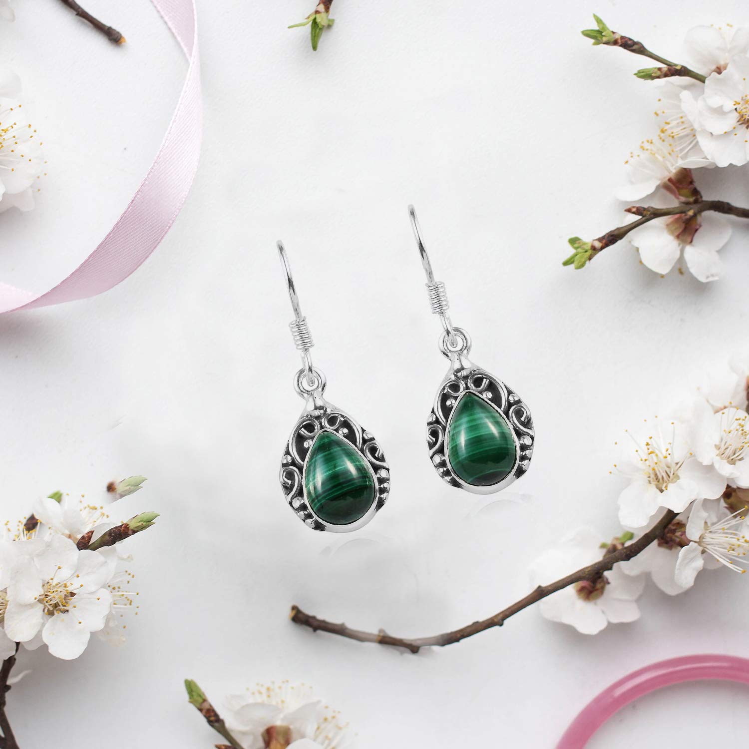 Green Malachite Earrings for Women 925 Sterling Silver Handmade Drop Dangle Earrings for Women Malachite Jewelry Birthday Christmas Gifts for Women - Image 7