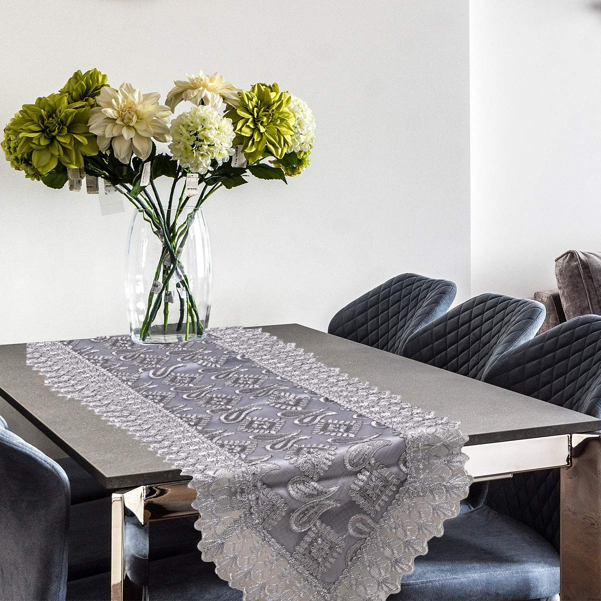 Grey Farmhouse Table Runner 72 Inches Long for Dining Paisley Doilies Embroidered Boho Style Polyester Room Decor Kitchen Rustic Lace Tablecloth for Wedding Decorations
