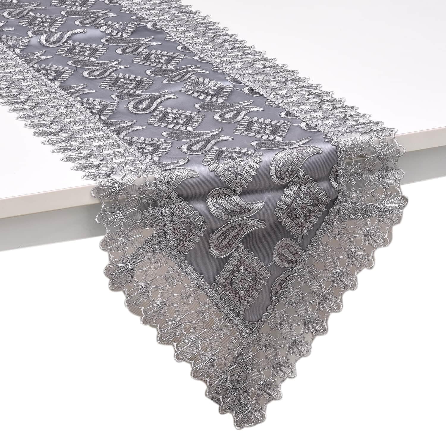 Grey Farmhouse Table Runner 72 Inches Long for Dining Paisley Doilies Embroidered Boho Style Polyester Room Decor Kitchen Rustic Lace Tablecloth for Wedding Decorations - Image 2