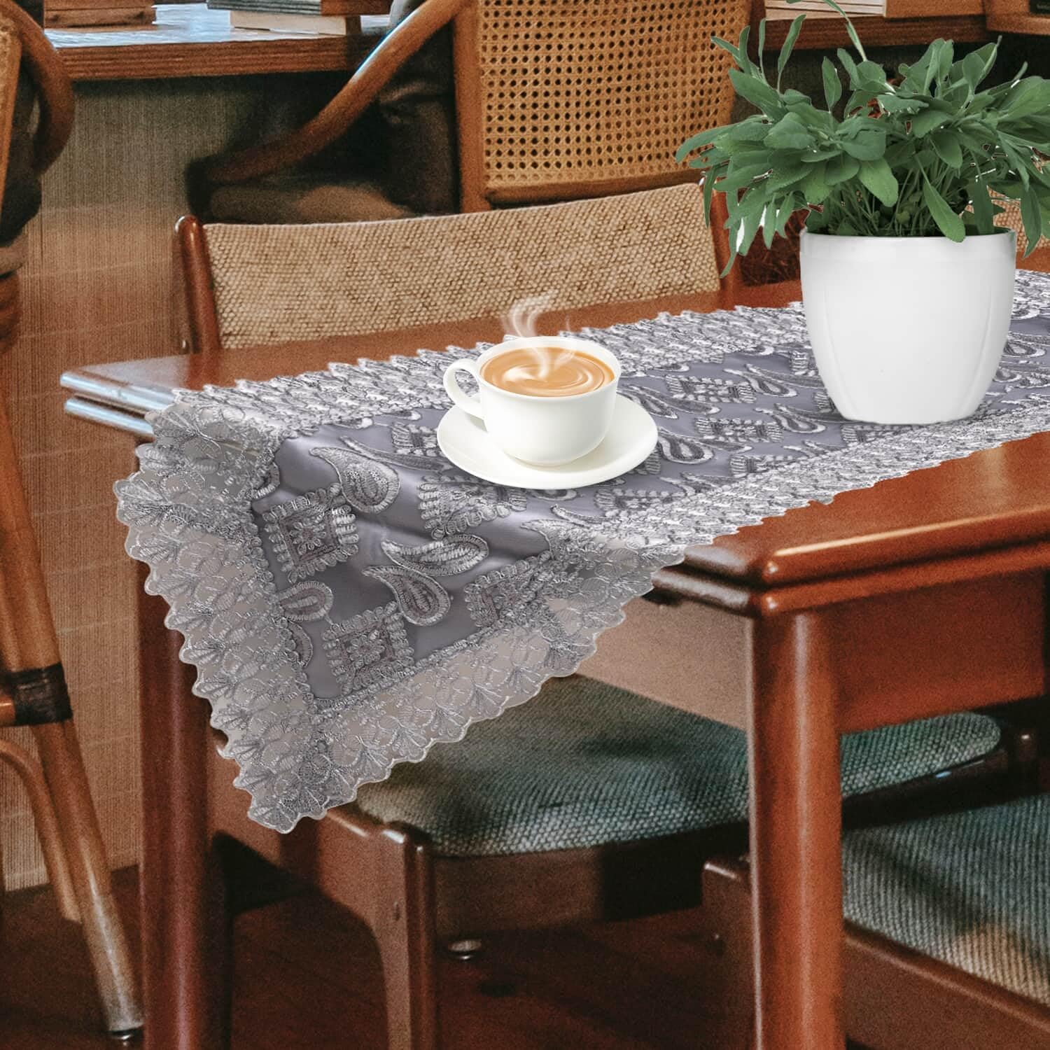 Grey Farmhouse Table Runner 72 Inches Long for Dining Paisley Doilies Embroidered Boho Style Polyester Room Decor Kitchen Rustic Lace Tablecloth for Wedding Decorations - Image 3