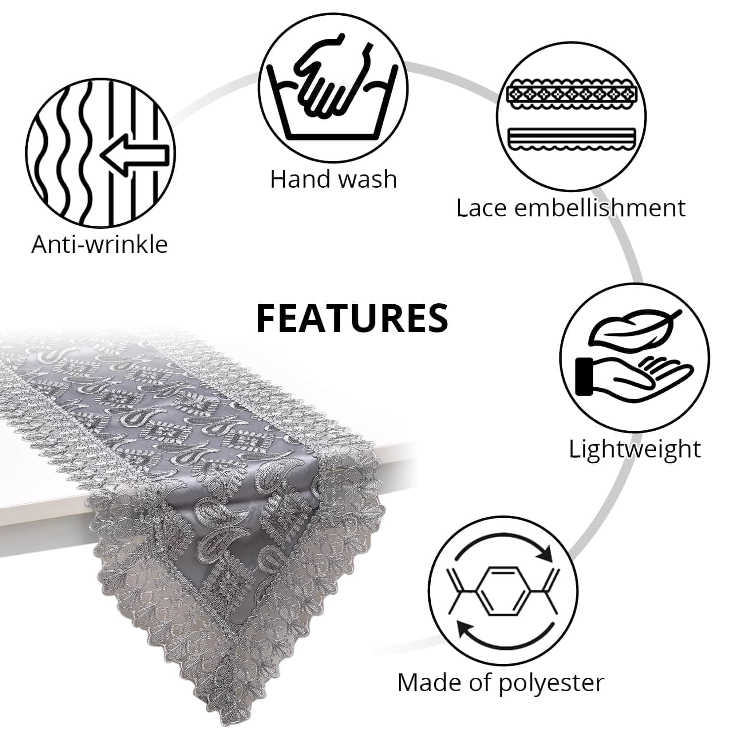 Grey Farmhouse Table Runner 72 Inches Long for Dining Paisley Doilies Embroidered Boho Style Polyester Room Decor Kitchen Rustic Lace Tablecloth for Wedding Decorations - Image 4