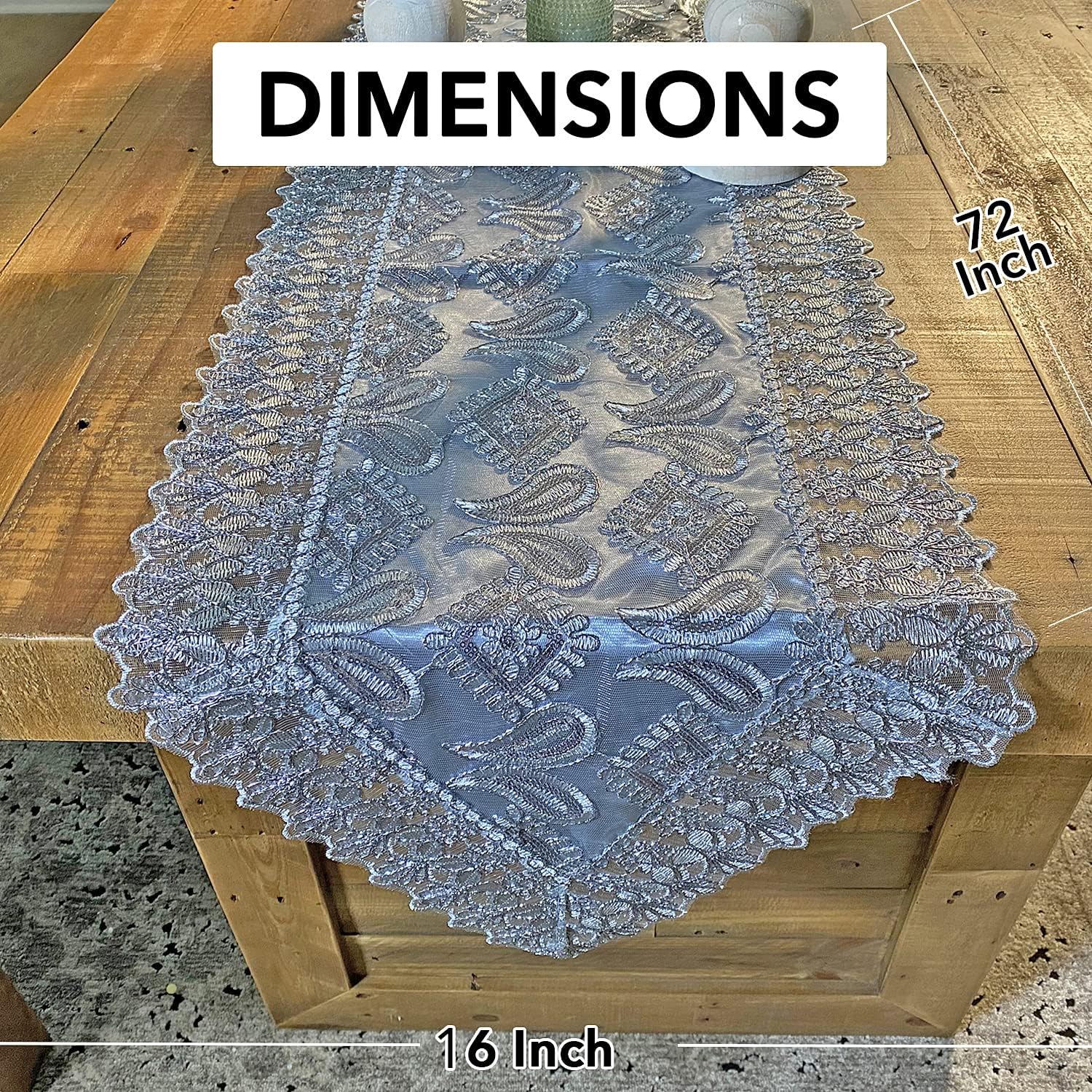Grey Farmhouse Table Runner 72 Inches Long for Dining Paisley Doilies Embroidered Boho Style Polyester Room Decor Kitchen Rustic Lace Tablecloth for Wedding Decorations - Image 6
