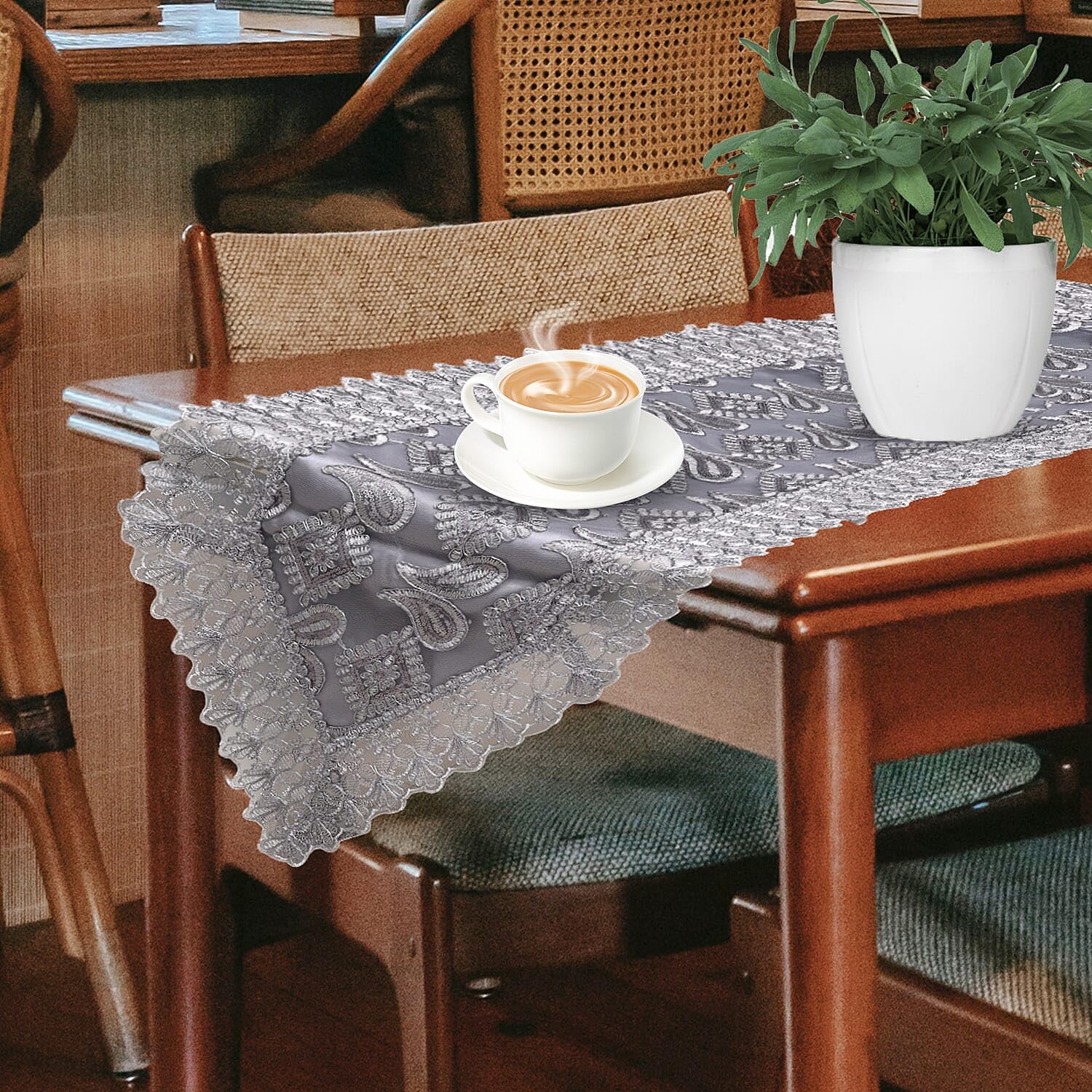 Grey Farmhouse Table Runner 72 Inches Long for Dining Paisley Doilies Embroidered Boho Style Polyester Room Decor Kitchen Rustic Lace Tablecloth for Wedding Decorations - Image 7