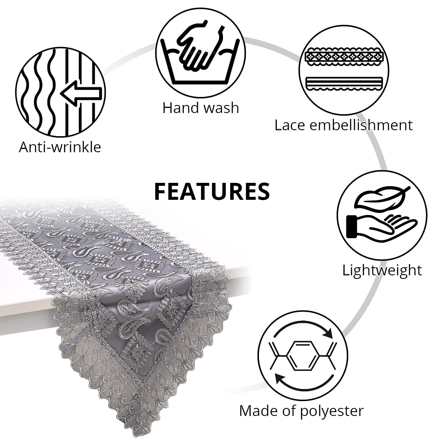 Grey Farmhouse Table Runner 72 Inches Long for Dining Paisley Doilies Embroidered Boho Style Polyester Room Decor Kitchen Rustic Lace Tablecloth for Wedding Decorations - Image 8