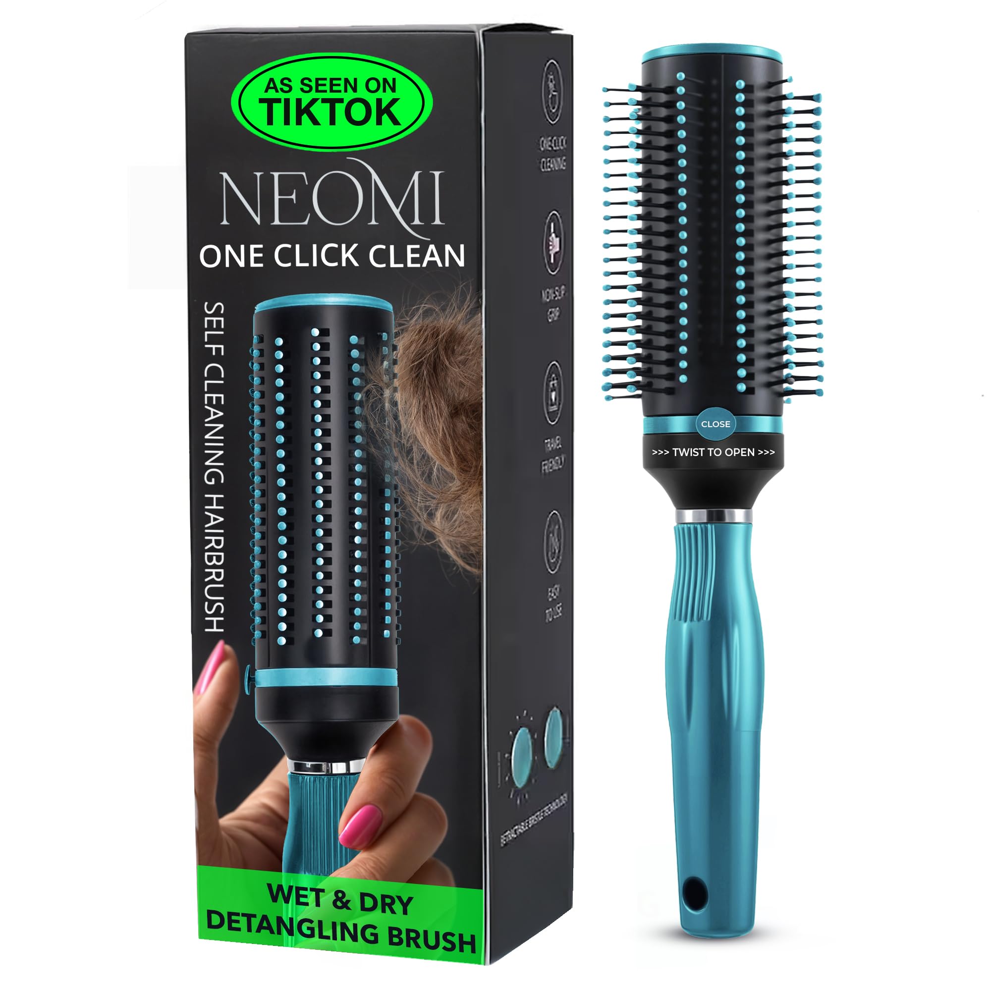 Hair Brushes for Women - Curly Hair Blow Dryer Brush Self Cleaning Detangler Round Brush for Blow Out - Roller Retractable Travel Blue Gifts