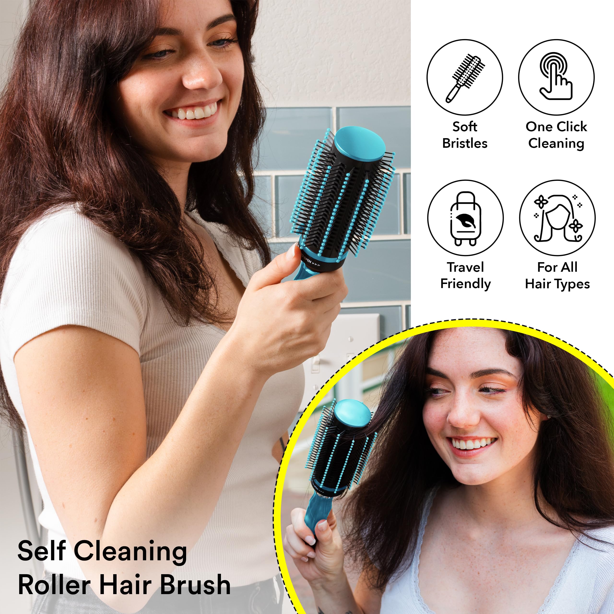Hair Brushes for Women - Curly Hair Blow Dryer Brush Self Cleaning Detangler Round Brush for Blow Out - Roller Retractable Travel Blue Gifts - Image 2