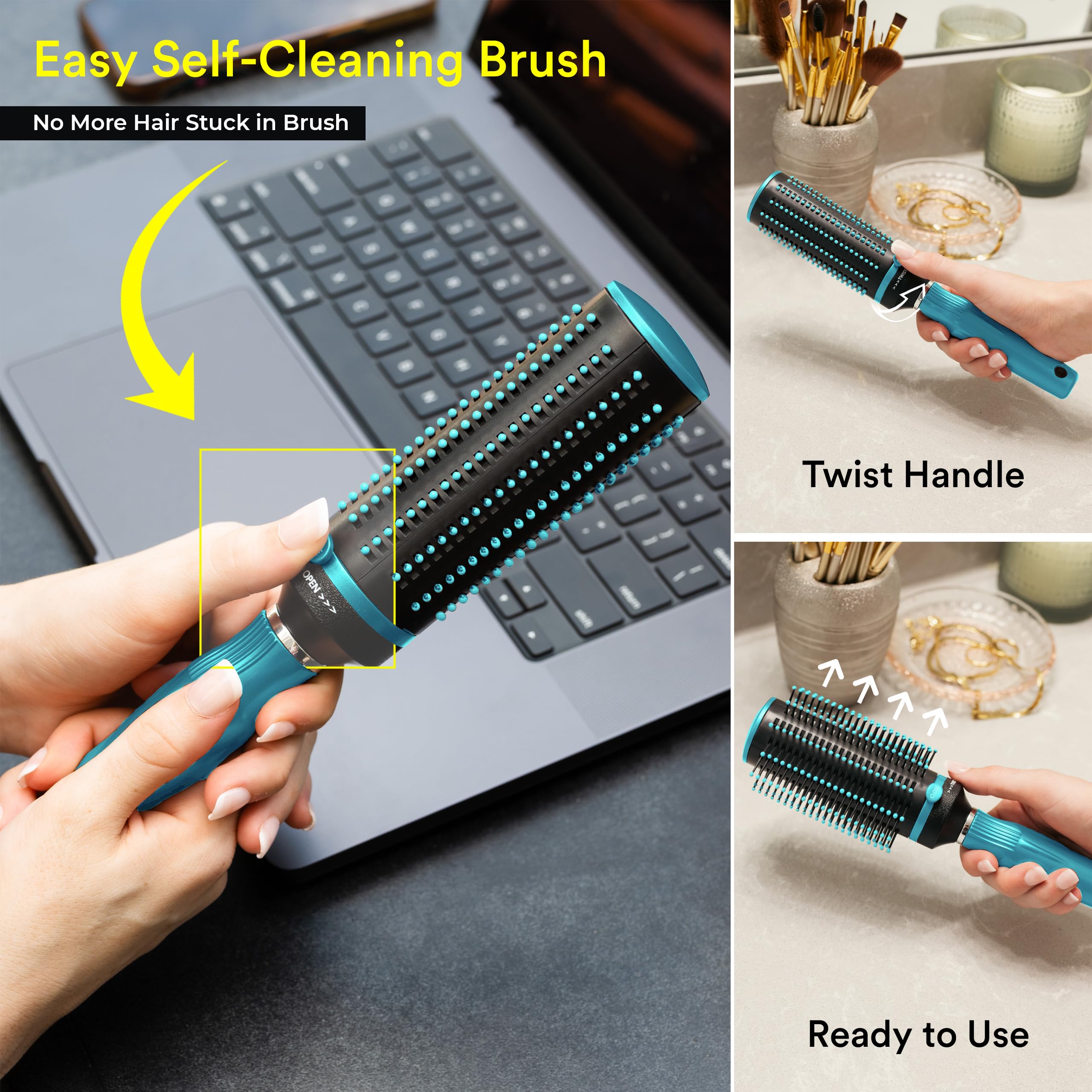 Hair Brushes for Women - Curly Hair Blow Dryer Brush Self Cleaning Detangler Round Brush for Blow Out - Roller Retractable Travel Blue Gifts - Image 3