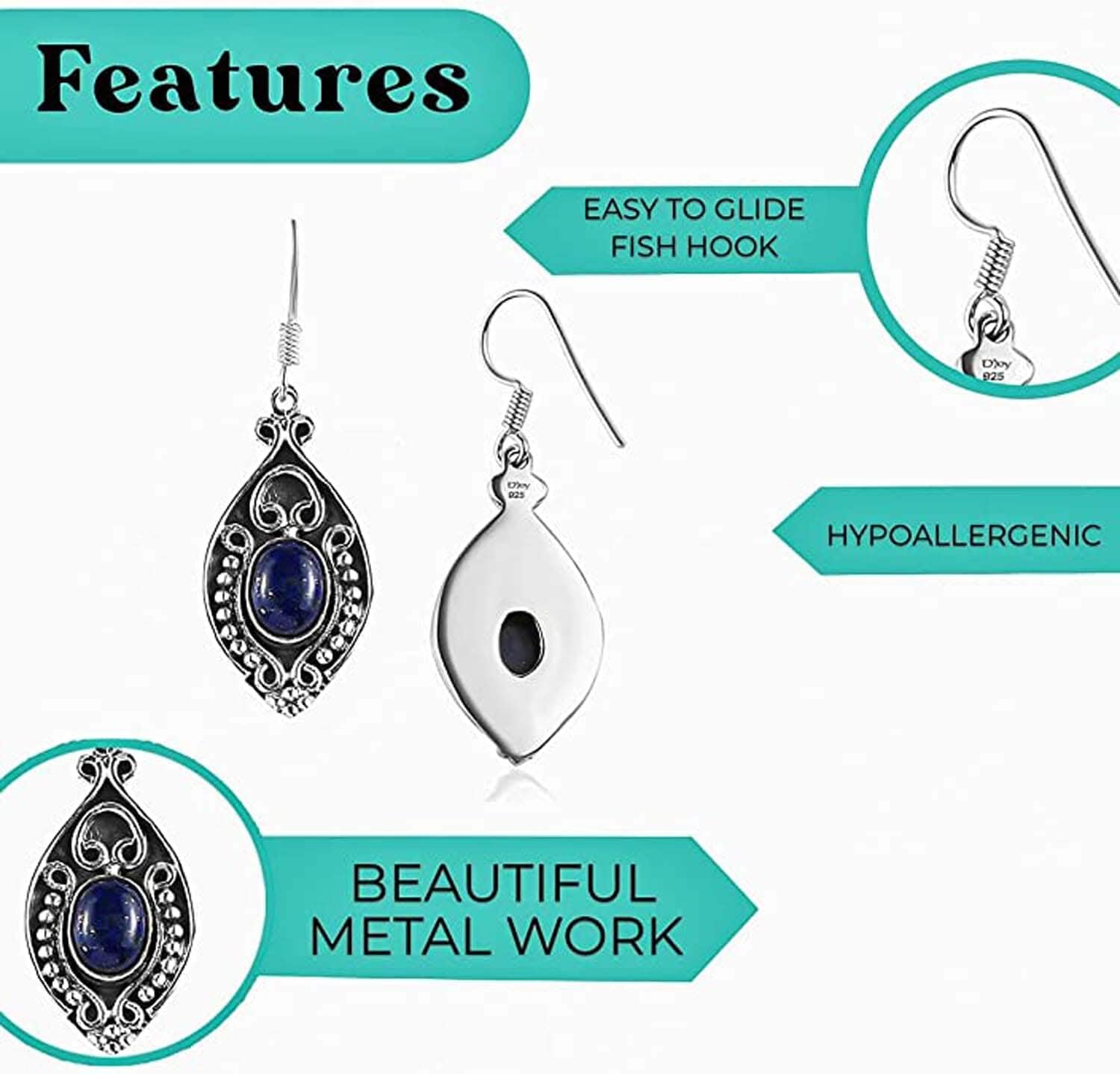 Handmade Blue Lapis Lazuli Boho Drop Dangle Earrings for Women Oxidized 925 Sterling Silver Jewelry Fish Hook Christmas Gifts for Women - Image 5