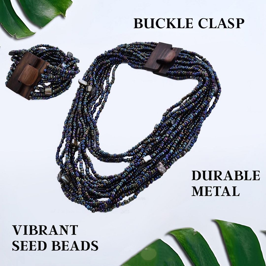 Handmade Seed Bead Necklace & Bracelet Set Boho Jewelry for Women - Layered Multi Strand Beaded Necklaces & Bracelets w/Wooden Clasp Length 18" Strechable Bracelet Gifts for Womens - Image 3
