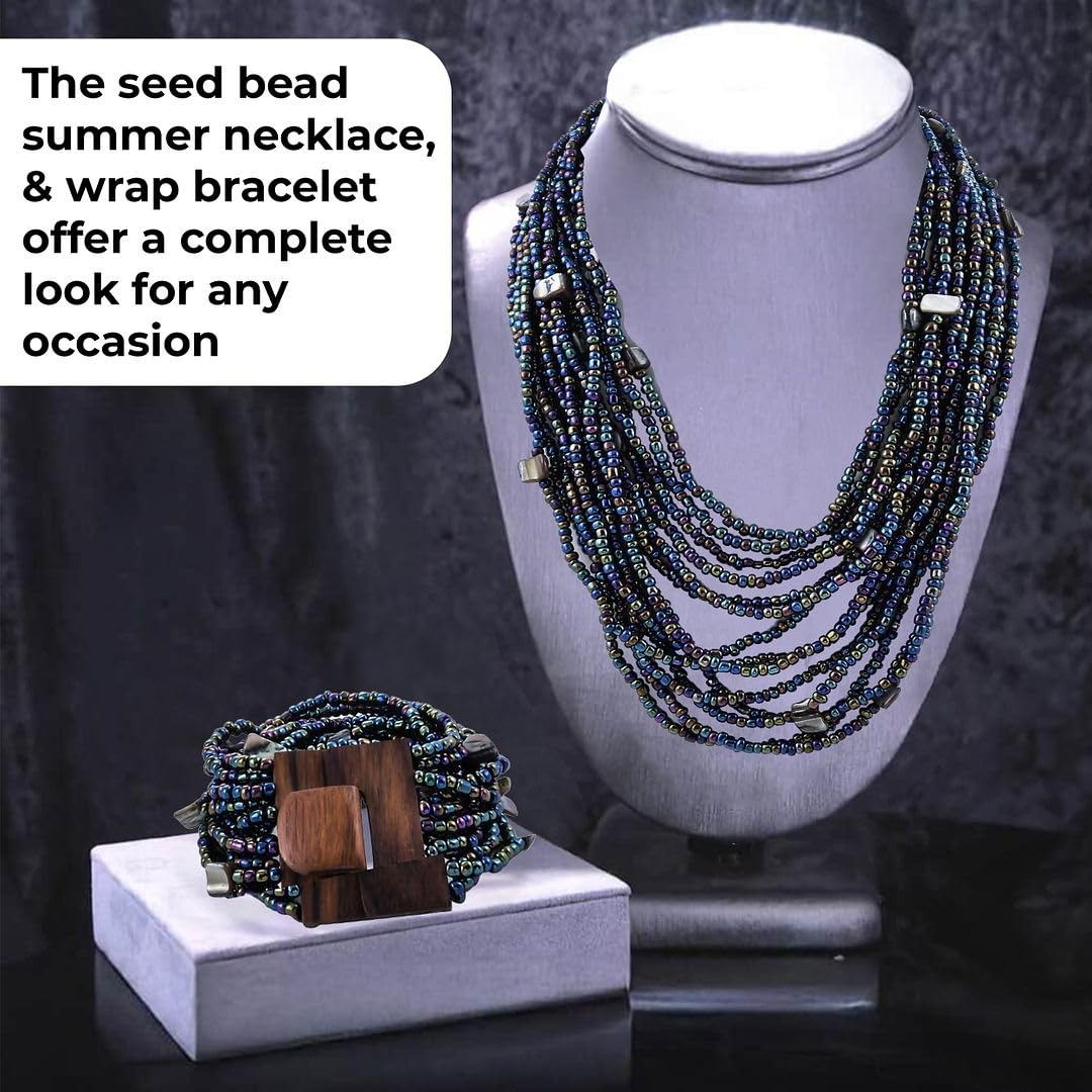 Handmade Seed Bead Necklace & Bracelet Set Boho Jewelry for Women - Layered Multi Strand Beaded Necklaces & Bracelets w/Wooden Clasp Length 18" Strechable Bracelet Gifts for Womens - Image 4
