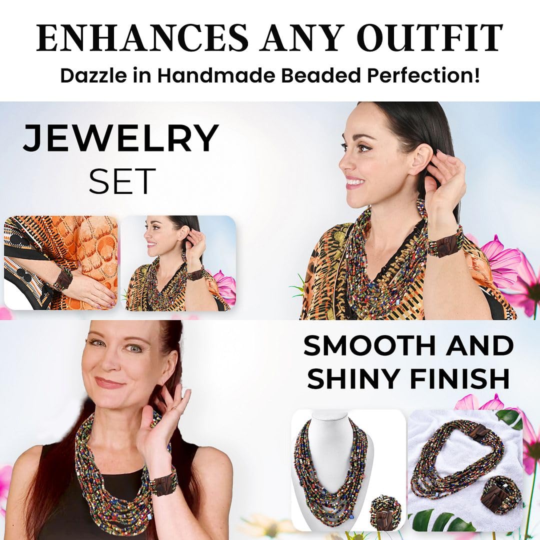 Handmade Seed Bead Necklace & Bracelet Set Boho Jewelry for Women - Layered Multi Strand Beaded Necklaces & Bracelets w/Wooden Clasp Length 18" Strechable Bracelet Gifts for Womens - Image 5