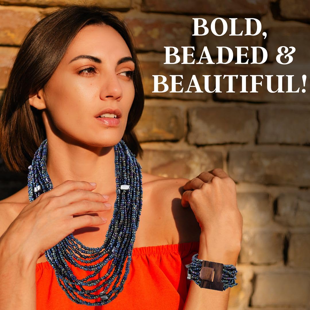 Handmade Seed Bead Necklace & Bracelet Set Boho Jewelry for Women - Layered Multi Strand Beaded Necklaces & Bracelets w/Wooden Clasp Length 18" Strechable Bracelet Gifts for Womens - Image 6