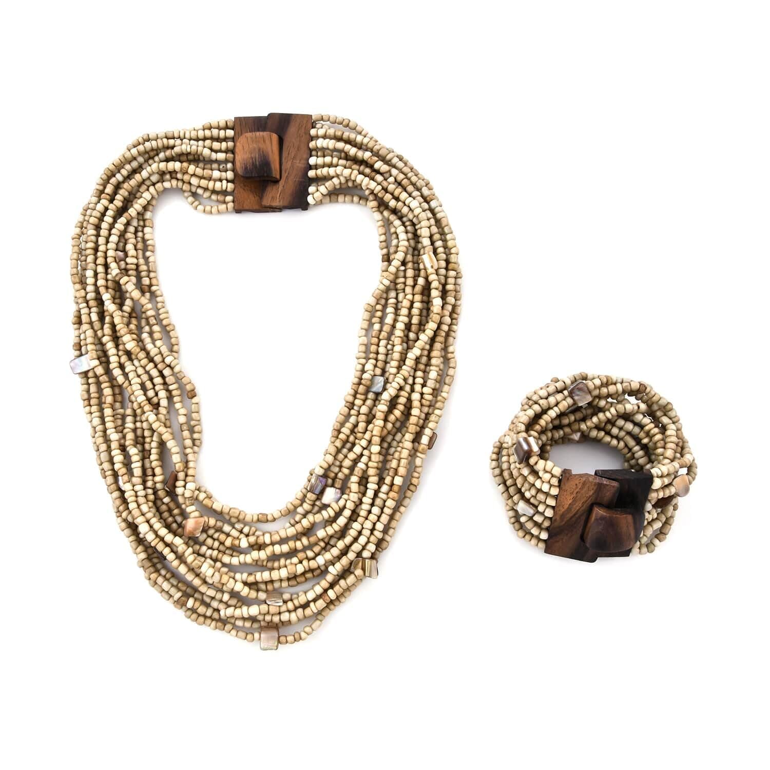 Handmade Seed Bead Necklace & Bracelet Set - Boho Jewelry for Women - Layered Multi Strand Beaded Jewelry w/Wooden Clasp - Necklace Length 18" - Strechable Bracelet Gifts for Womens