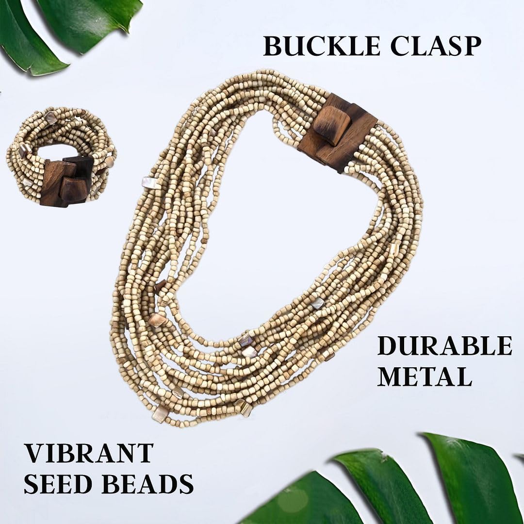 Handmade Seed Bead Necklace & Bracelet Set Boho Jewelry for Women - Layered Multi Strand Beaded Necklaces & Bracelets w/Wooden Clasp Length 18" Strechable Bracelet Gifts for Womens - Image 3