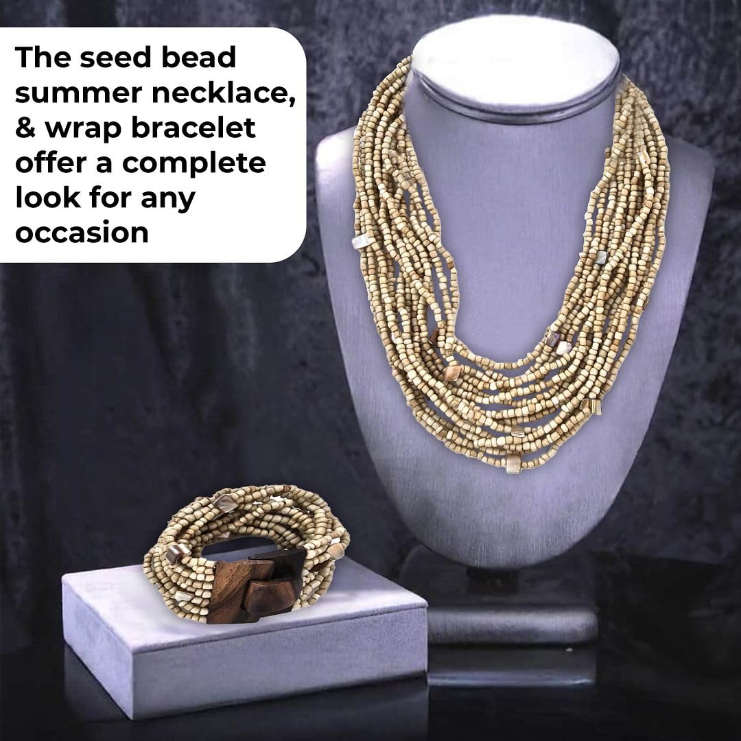 Handmade Seed Bead Necklace & Bracelet Set Boho Jewelry for Women - Layered Multi Strand Beaded Necklaces & Bracelets w/Wooden Clasp Length 18" Strechable Bracelet Gifts for Womens - Image 5