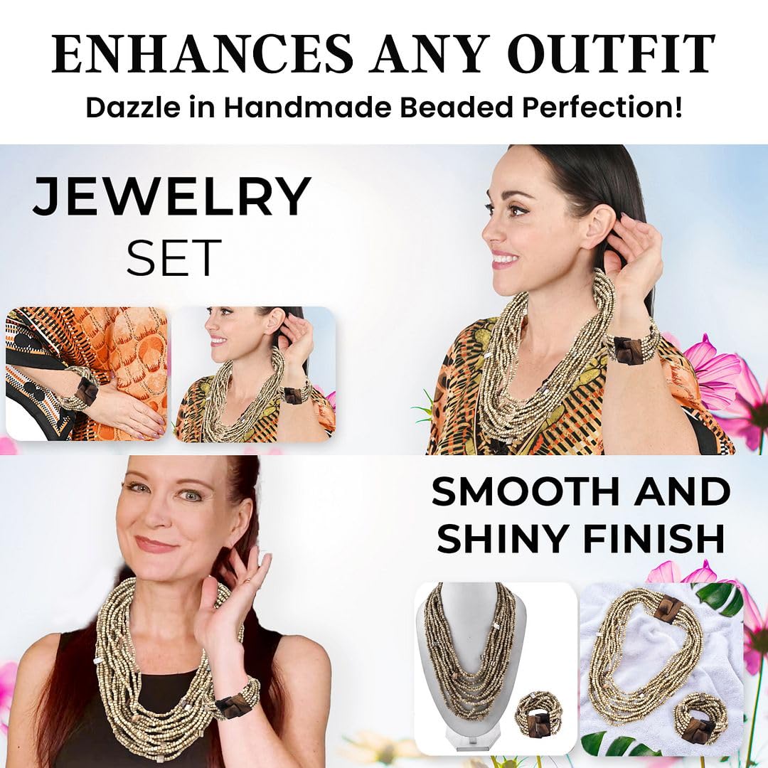 Handmade Seed Bead Necklace & Bracelet Set Boho Jewelry for Women - Layered Multi Strand Beaded Necklaces & Bracelets w/Wooden Clasp Length 18" Strechable Bracelet Gifts for Womens - Image 4