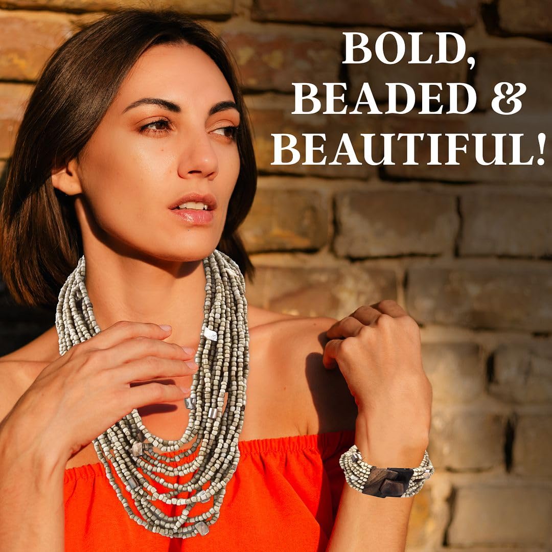 Handmade Seed Bead Necklace & Bracelet Set Boho Jewelry for Women - Layered Multi Strand Beaded Necklaces & Bracelets w/Wooden Clasp Length 18" Strechable Bracelet Gifts for Womens - Image 6