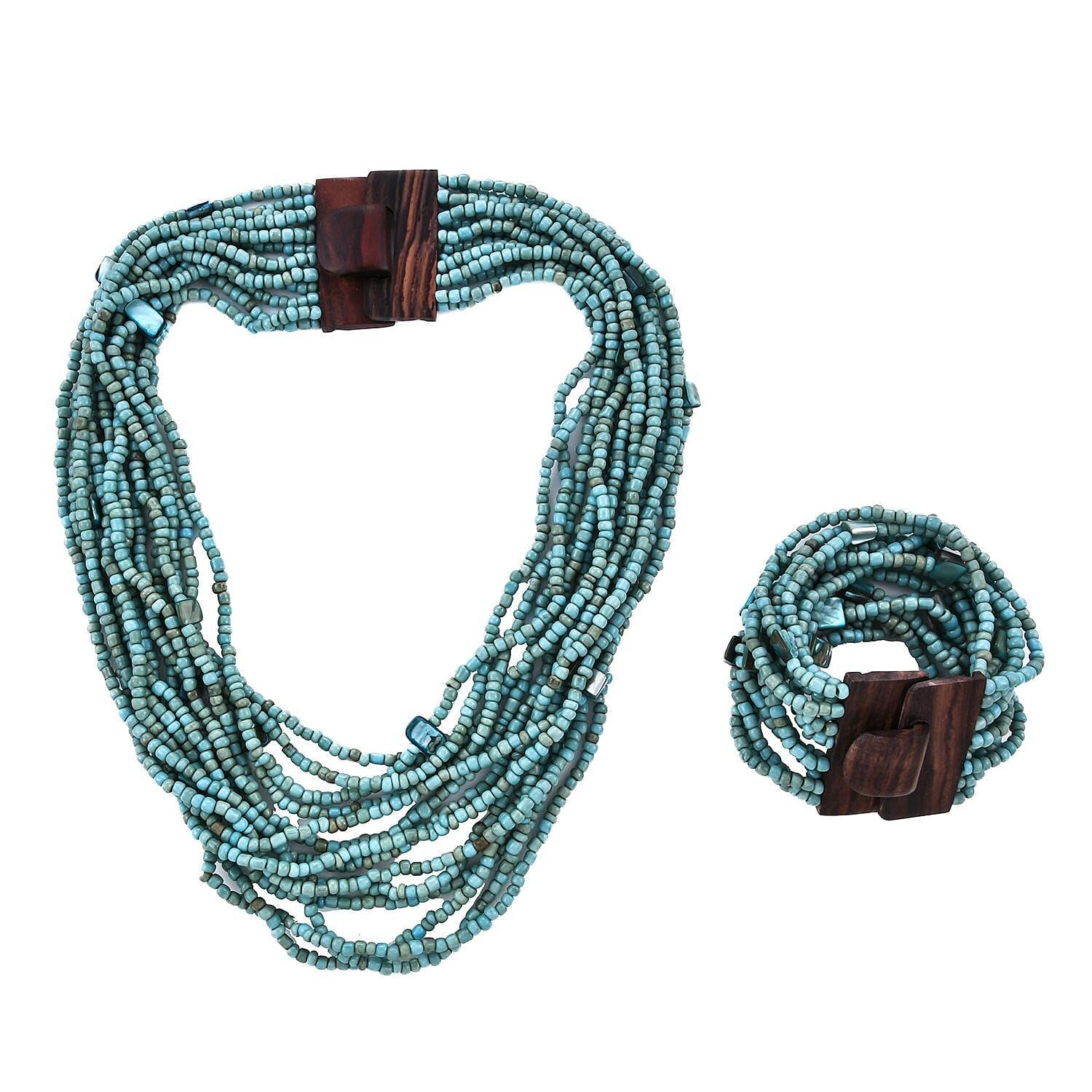 Handmade Seed Bead Necklace & Bracelet Set - Boho Jewelry for Women - Layered Multi Strand Beaded Jewelry w/Wooden Clasp - Necklace Length 18" - Strechable Bracelet Gifts for Womens