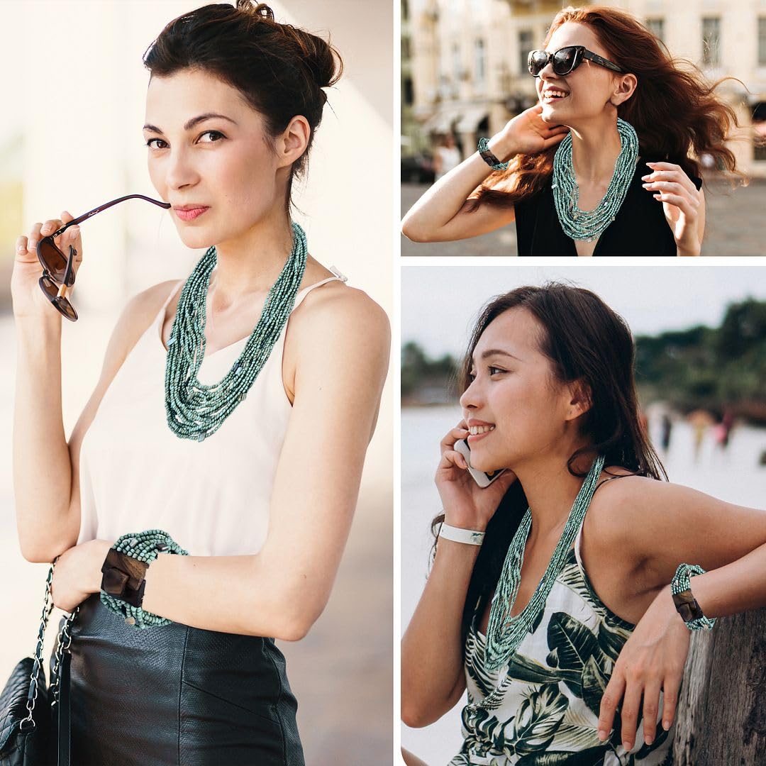 Handmade Seed Bead Necklace & Bracelet Set - Boho Jewelry for Women - Layered Multi Strand Beaded Jewelry w/Wooden Clasp - Necklace Length 18" - Strechable Bracelet Gifts for Womens - Image 2