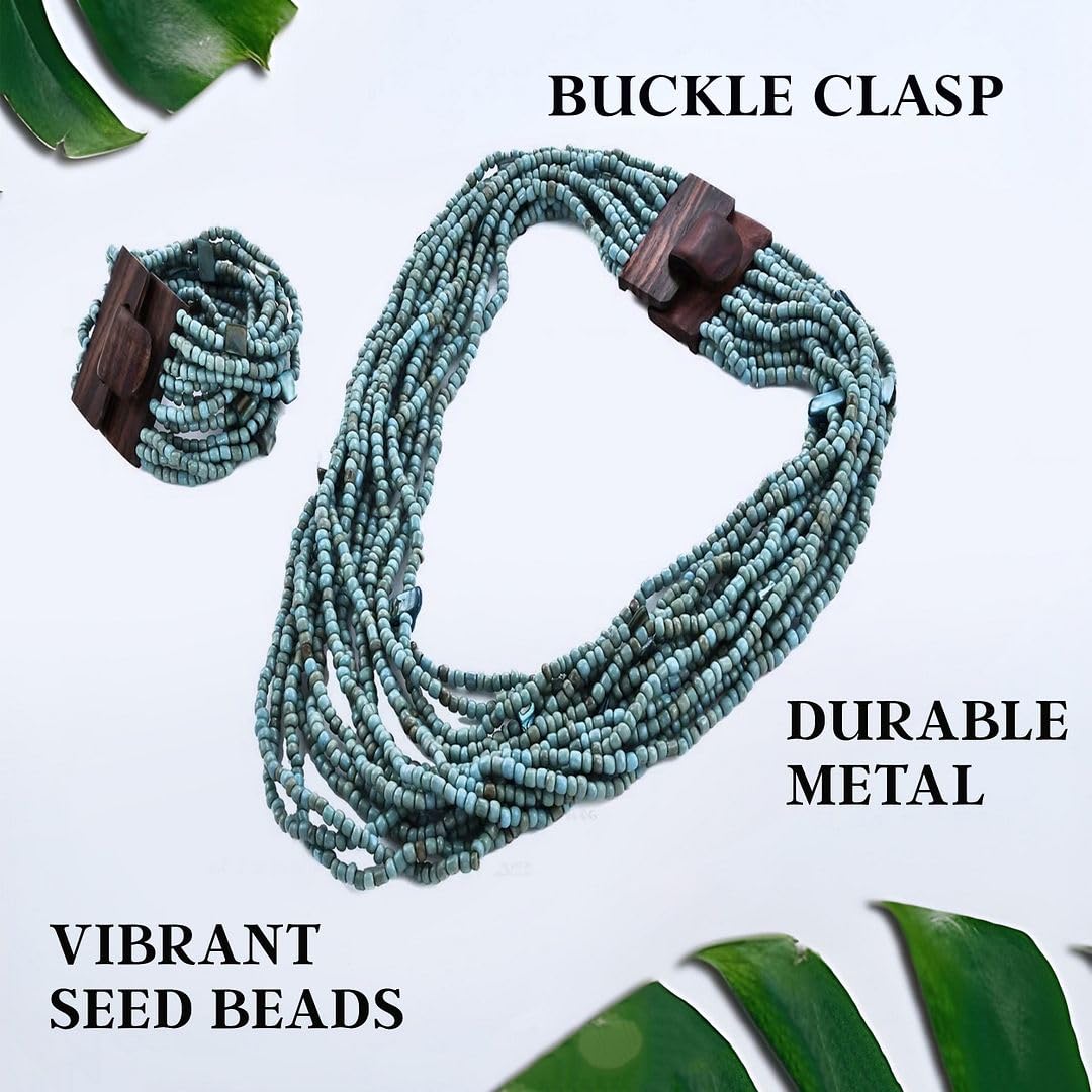 Handmade Seed Bead Necklace & Bracelet Set - Boho Jewelry for Women - Layered Multi Strand Beaded Jewelry w/Wooden Clasp - Necklace Length 18" - Strechable Bracelet Gifts for Womens - Image 3
