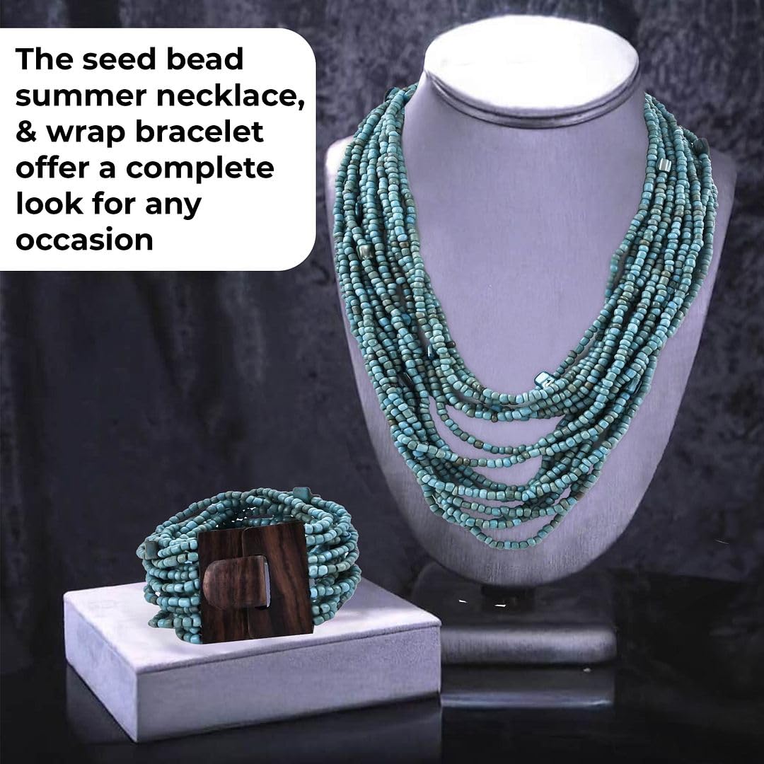 Handmade Seed Bead Necklace & Bracelet Set - Boho Jewelry for Women - Layered Multi Strand Beaded Jewelry w/Wooden Clasp - Necklace Length 18" - Strechable Bracelet Gifts for Womens - Image 4