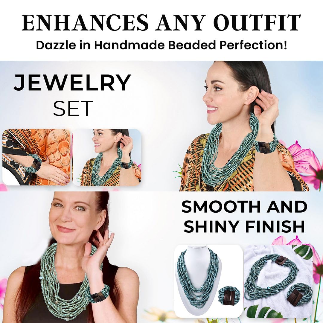 Handmade Seed Bead Necklace & Bracelet Set - Boho Jewelry for Women - Layered Multi Strand Beaded Jewelry w/Wooden Clasp - Necklace Length 18" - Strechable Bracelet Gifts for Womens - Image 5